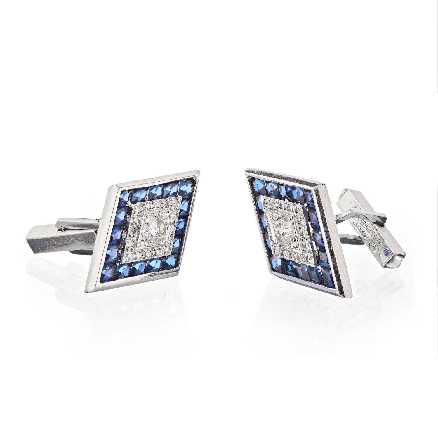 Modern Lucien Piccard Diamond and Sapphire Cufflinks