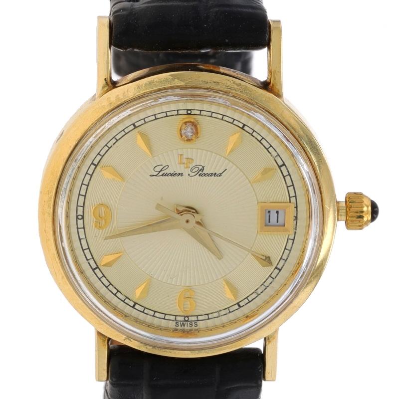 Brand: Lucien Piccard
Movement: Quartz
Movement Maker: Swiss
Dial Color: Gold

Metal Content: 14k Yellow Gold

Stone Information
Natural Diamond
Cut: Single
Stone Note: (dial)

Natural Onyx
Cut: Round Cabochon
Color: Black
Stone Note: