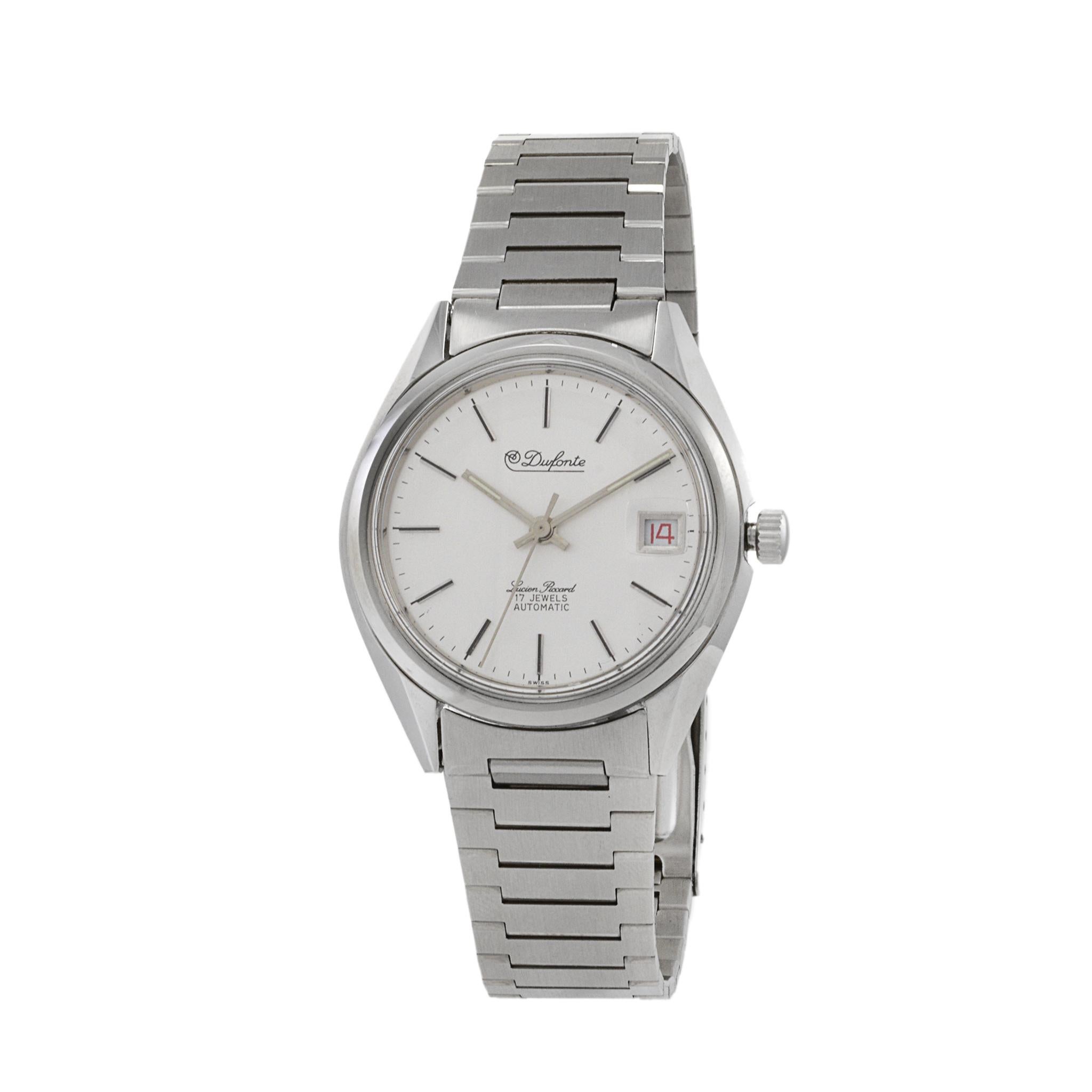 This is a Dufonte by Lucien Piccard calatrava watch with date function. This watch is powered by a Swiss ETA caliber 2786 automatic movement. The date function is quickset.

The pristine silver dial features baton markers and stick hands. The date