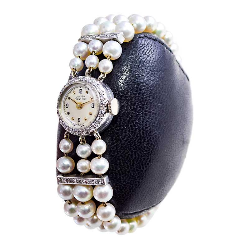 Lucien Piccard Damen-Handuhr aus Platin mit Diamanten und Perlen, 1940er Jahre (Art déco) im Angebot