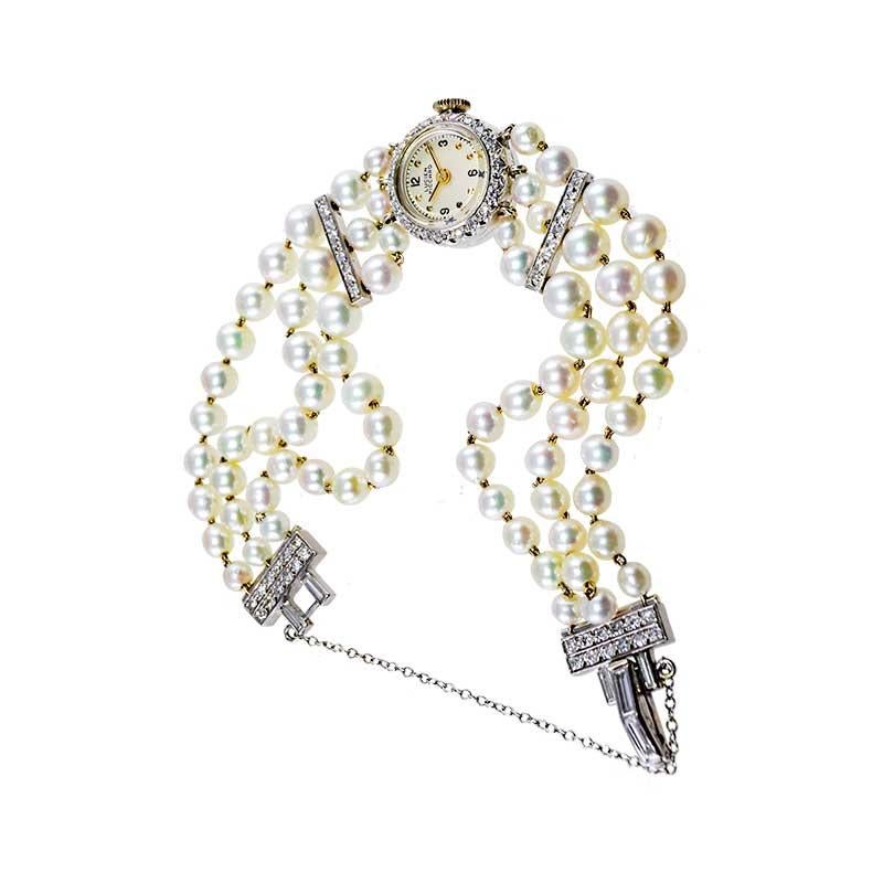 Lucien Piccard Montre habillée manuelle en platine avec perles et diamants, pour femmes, années 1940 en vente 3