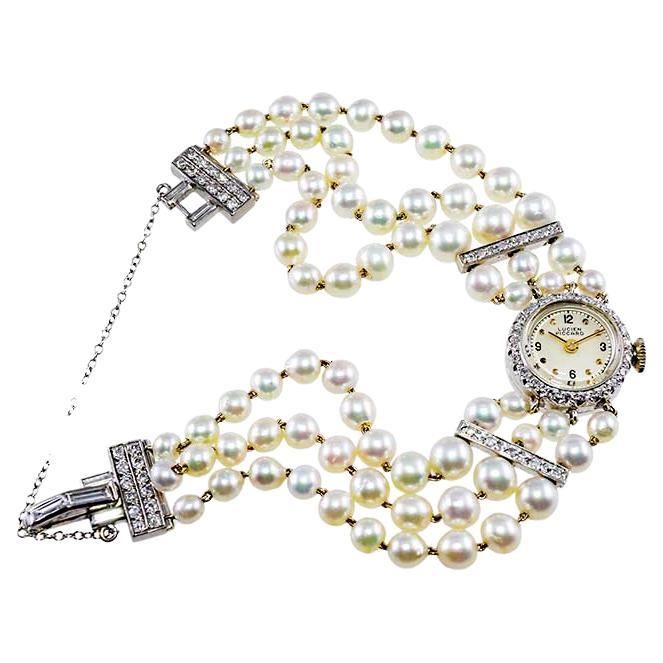 Lucien Piccard Ladies Platinum Diamond Pearl Dress Manual Watch, 1940s For Sale
