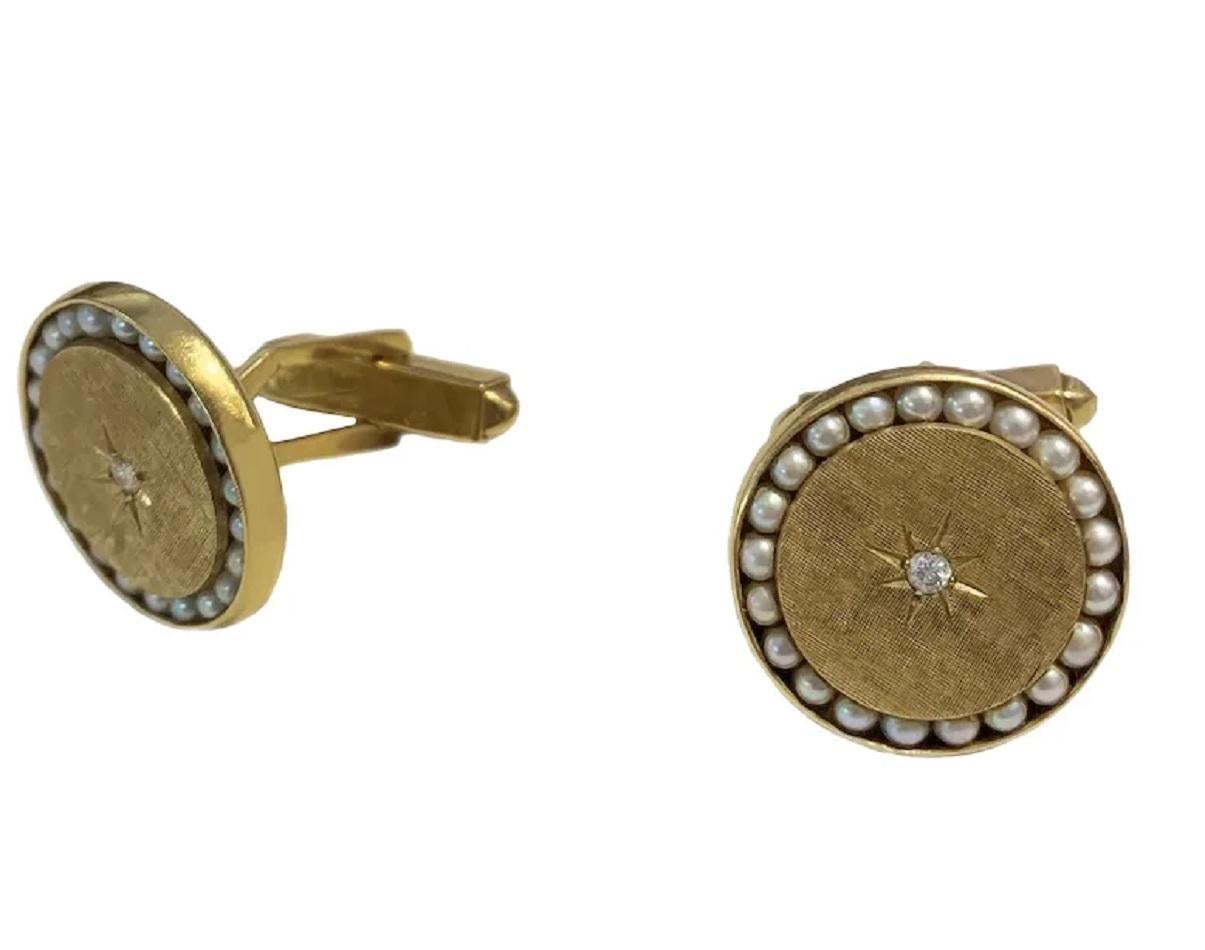Round Cut Lucien Piccard Sophisticated Cufflinks in Gold with Pearls For Sale