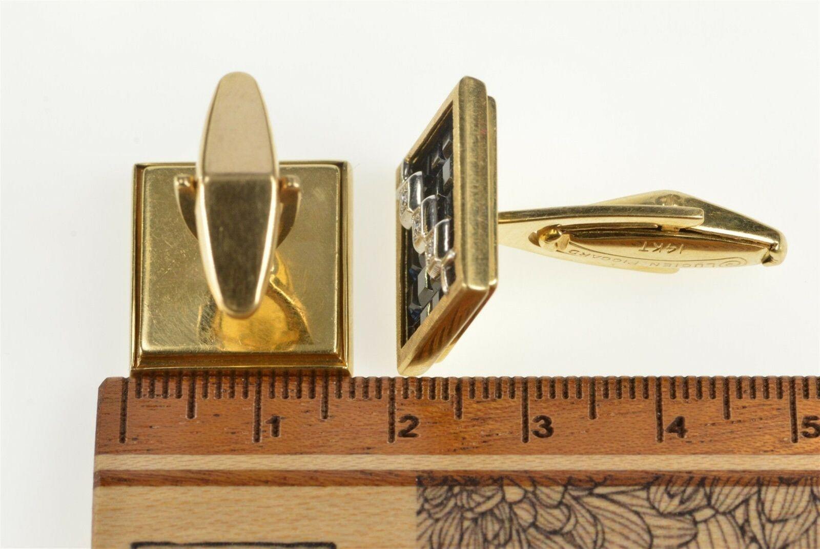 Lucien Piccard Squared Geometric Sapphire Diamond Gold Cufflinks In Good Condition For Sale In Frederick, MD