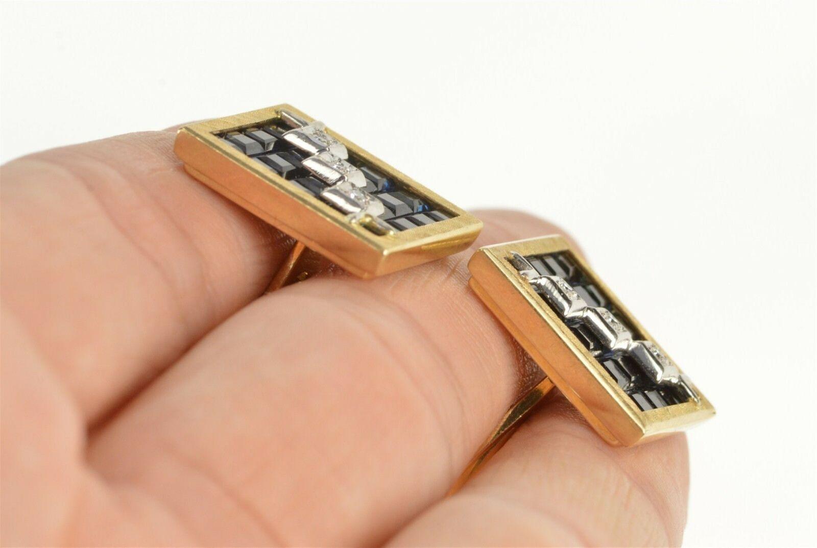 Lucien Piccard Squared Geometric Sapphire Diamond Gold Cufflinks For Sale 1