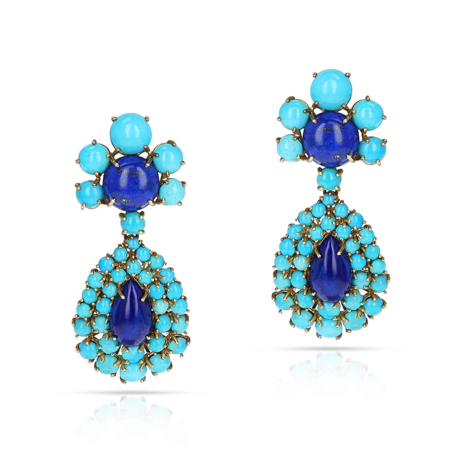 A pair of Lucien Piccard Turquoise and Lapis Earrings made in 14 Karat Yellow Gold. The length of the earrings is 2 inches and the total weight is 27.50 grams. 
