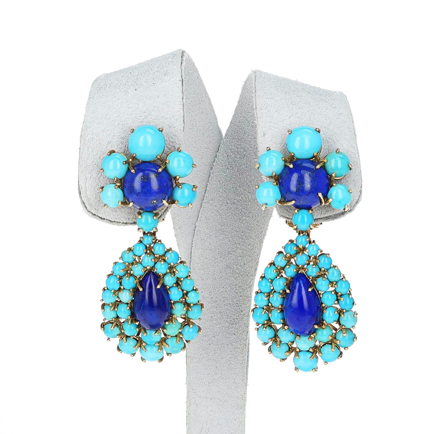 Cabochon Lucien Piccard Turquoise and Lapis Earrings, 14k For Sale