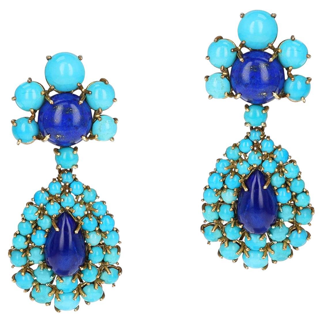 Lucien Piccard Turquoise and Lapis Earrings, 14k For Sale
