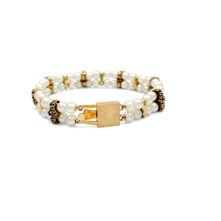 Modern Lucien Piccard Vintage Pearl and Blue Crystal Bracelet in Yellow Gold