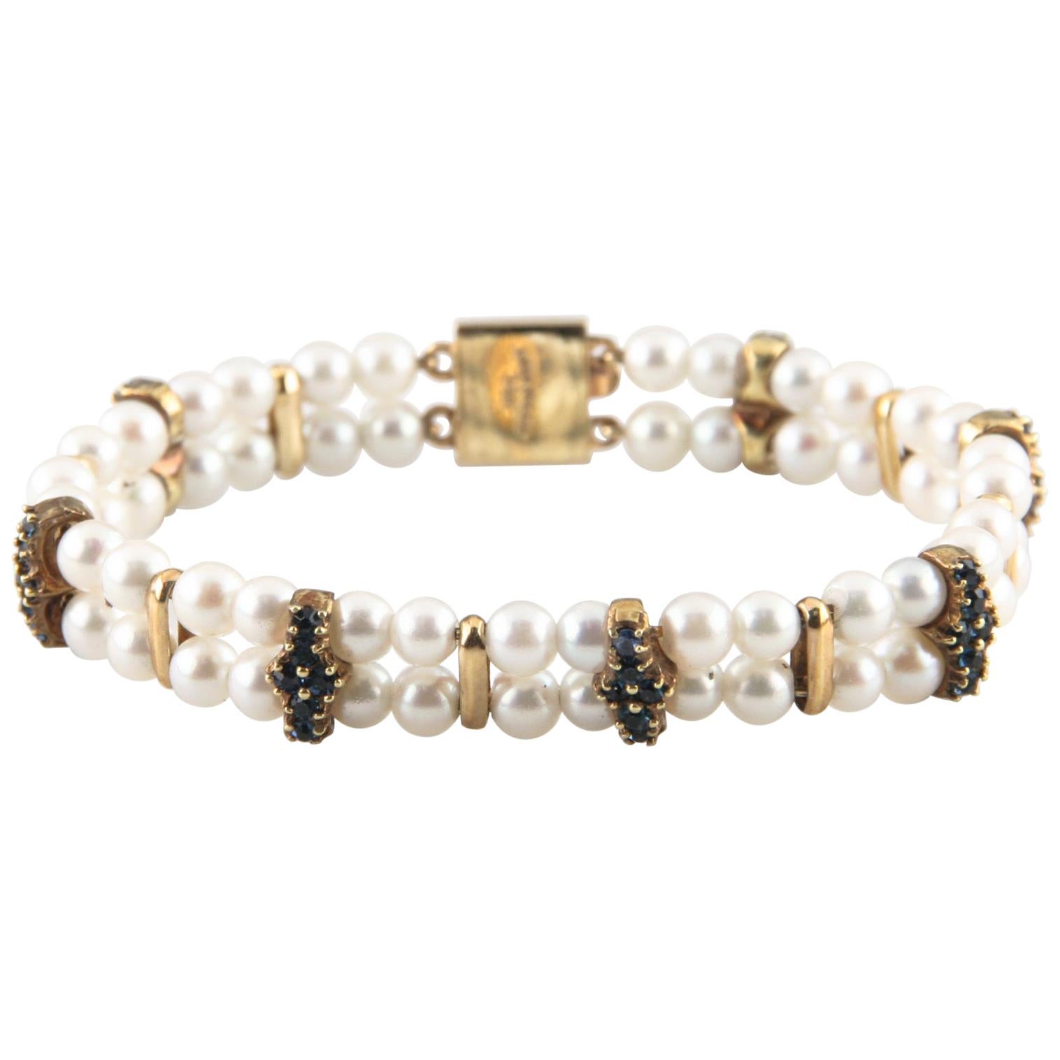 Lucien Piccard Vintage Pearl and Blue Crystal Bracelet in Yellow Gold