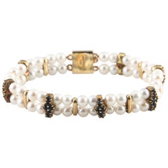 Lucien Piccard Used Pearl and Blue Crystal Bracelet in Yellow Gold