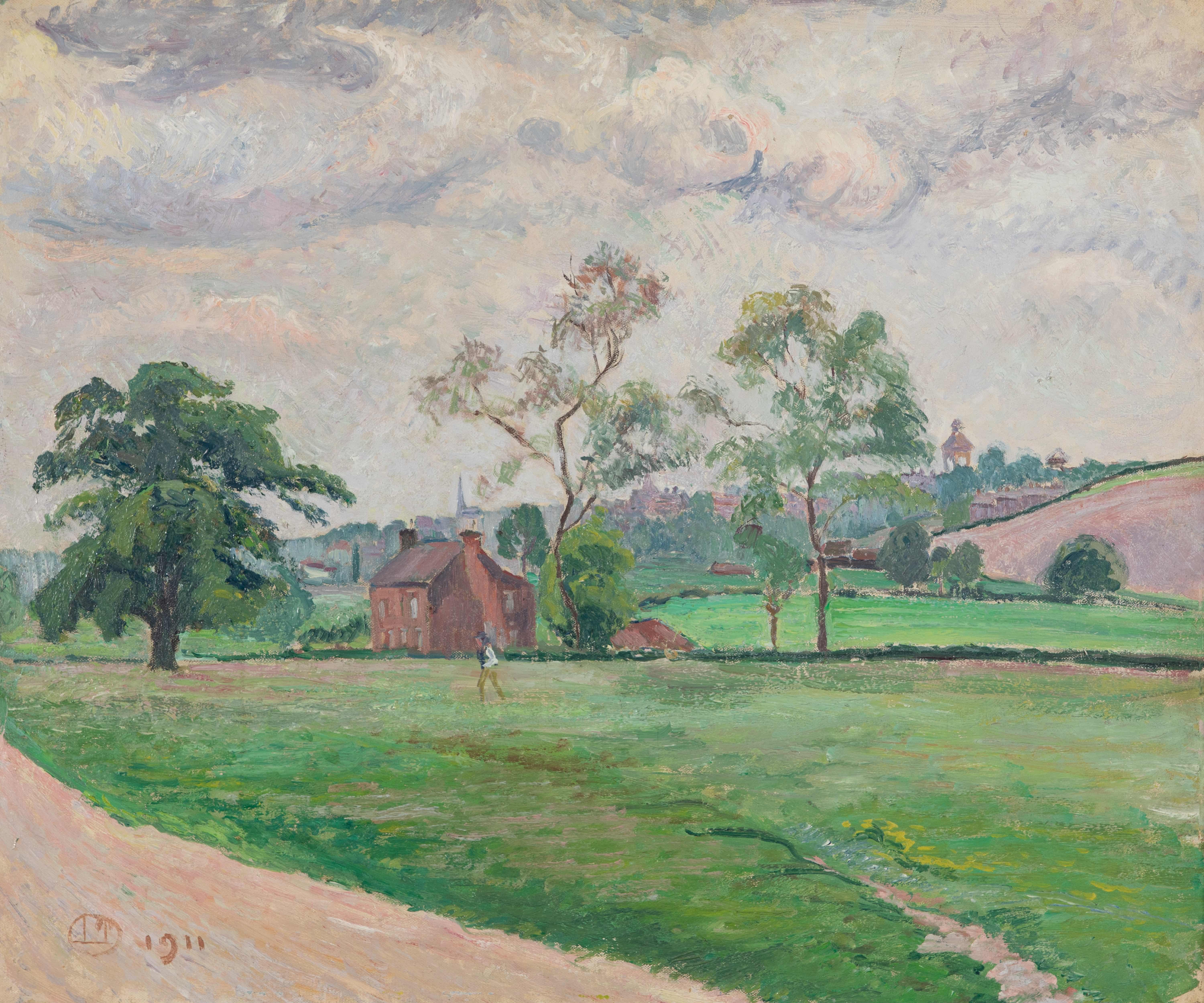 Stormy Weather, Colchester by Lucien Pissarro (1863-1944)
Oil on canvas
54.3 x 65.3 cm (21 ³/₈ x 25 ³/₄ inches)
Signed with monogram and dated lower left, 1911

Provenance: The Brook, 1949 (The artist's studio)
Leicester Galleries, Leicester,
