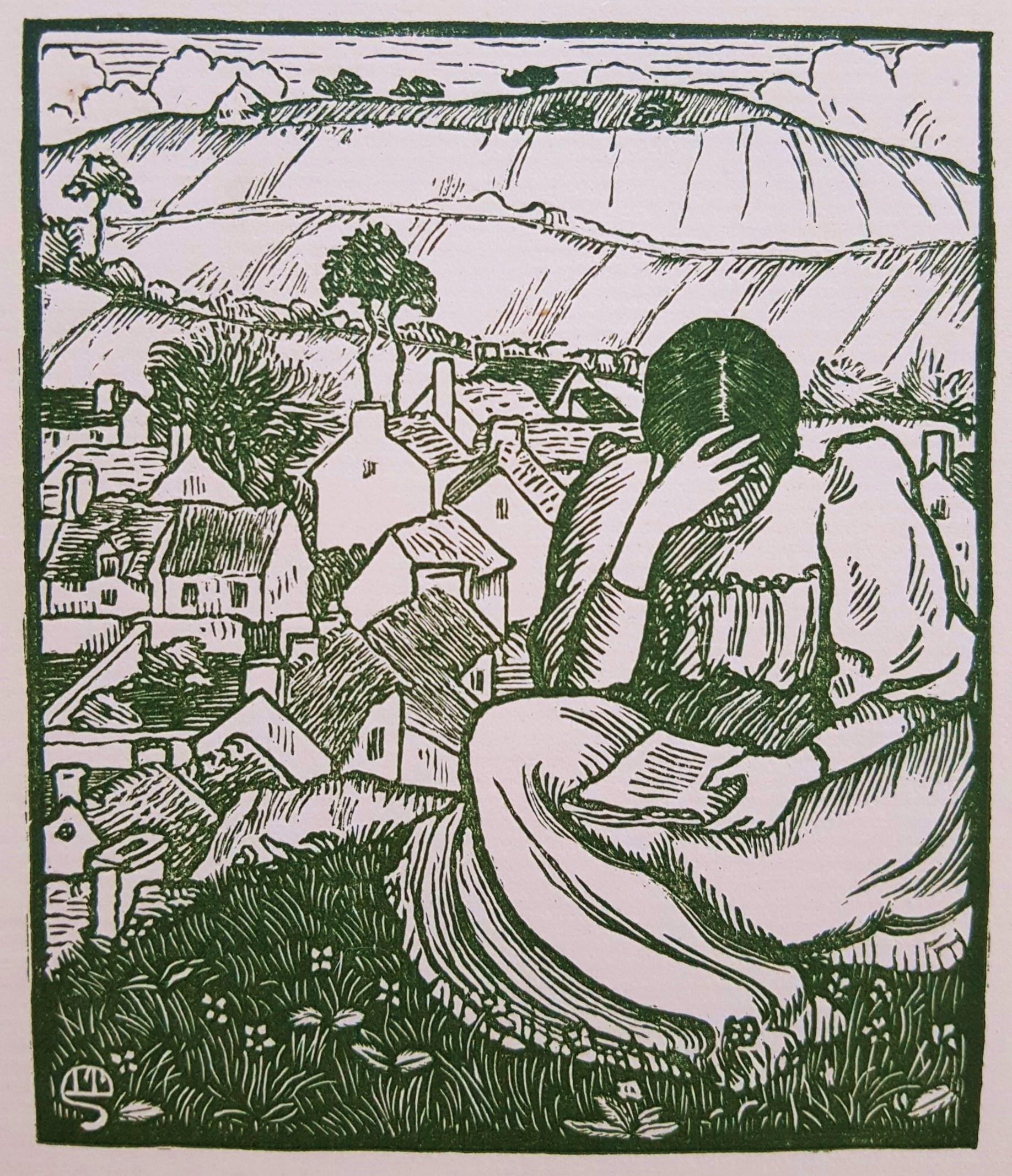 Lucien Pissarro Landscape Print - Girl Reading on a Hill