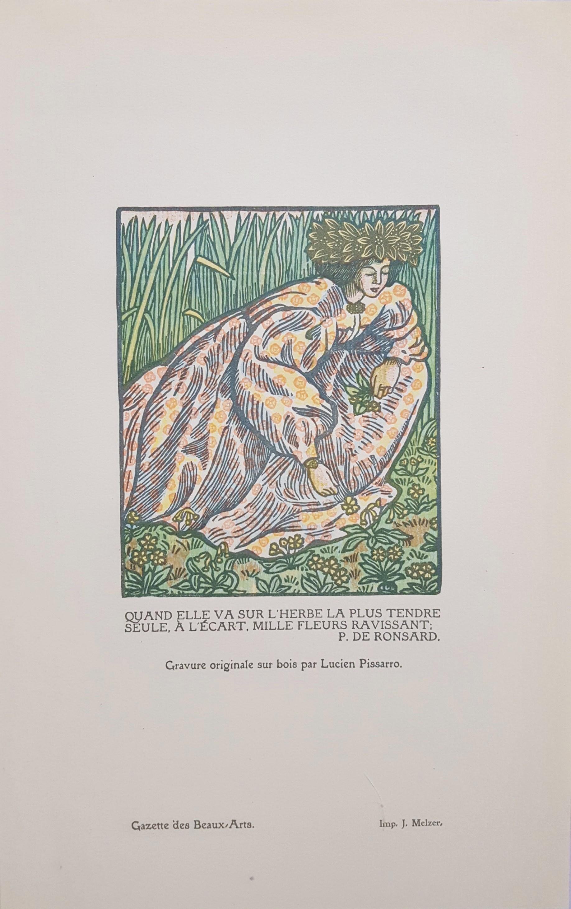 Quand Elle Va Sur L'herbe (Girl Picking Flowers) - Print by Lucien Pissarro