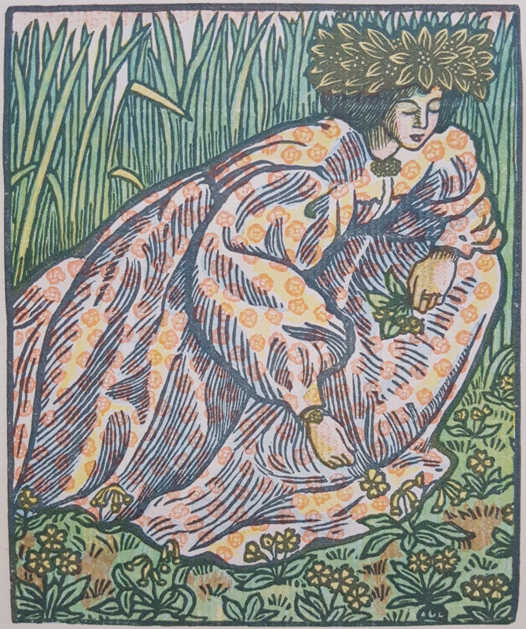 Lucien Pissarro Figurative Print - Quand Elle Va Sur L'herbe (Girl Picking Flowers)