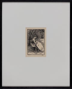 Woman Embroidering (Nini) by Lucien Pissarro - Woodcut