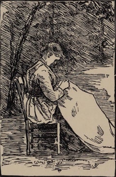 Femme brodant (Nini) de Lucien Pissarro, gravure sur bois