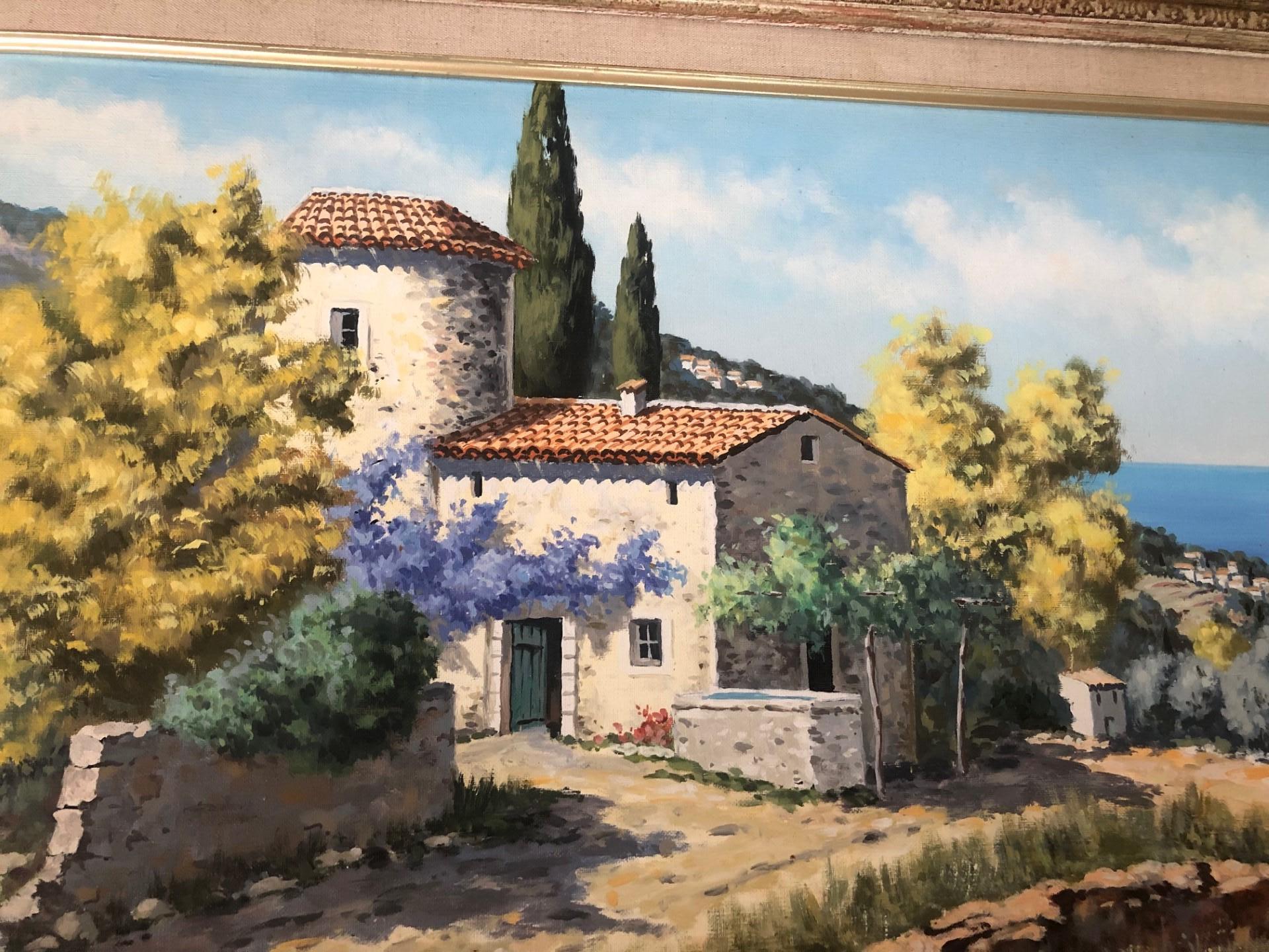 Costa Azul Francia Gran óleo impresionista de villa francesa, jardín y  Mar Azul - Painting Impresionista de Jean Potronat