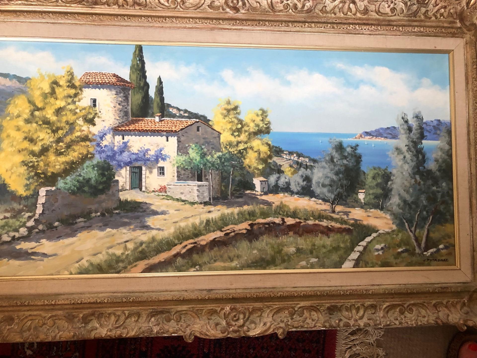 Jean Potronat Landscape Painting - Cote d'Azur France Large Impressionist Oil of French Villa, garden and  Blue Sea