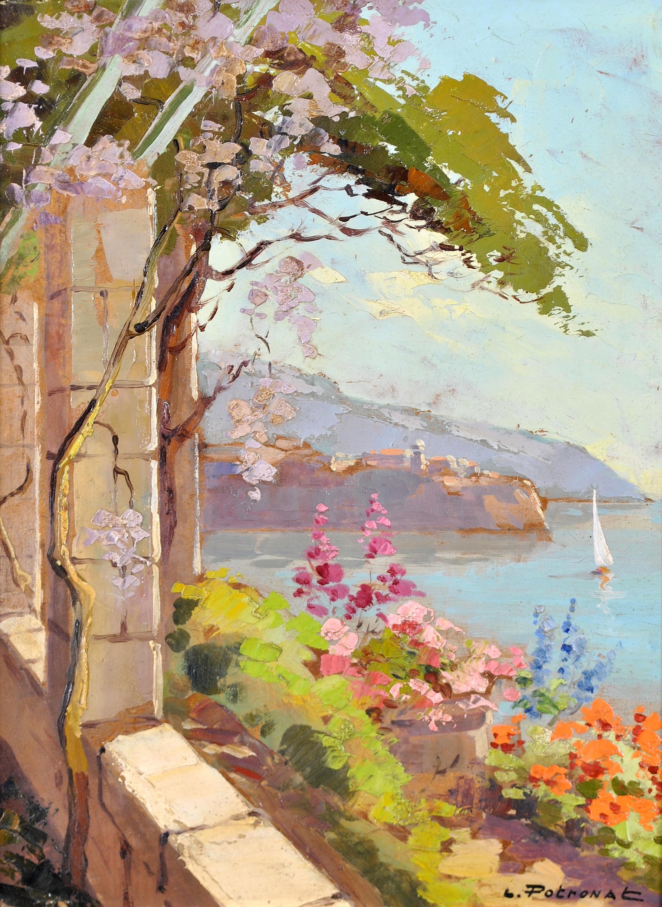 Cote d'Azur – Französische Riviera von Balcony, impressionistisches Ölgemälde – Painting von Lucien Potronat