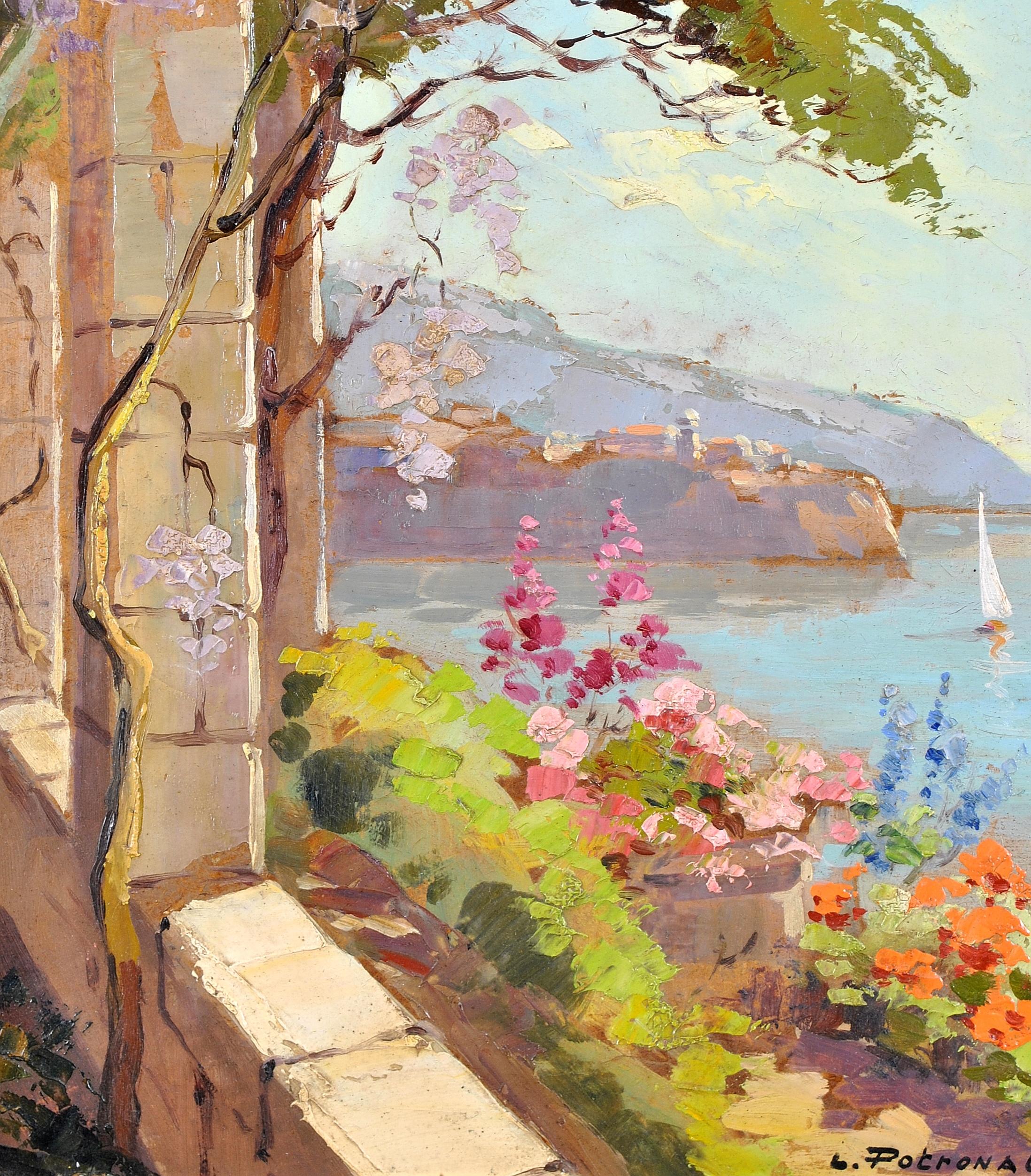 Cote d'Azur – Französische Riviera von Balcony, impressionistisches Ölgemälde (Impressionismus), Painting, von Lucien Potronat