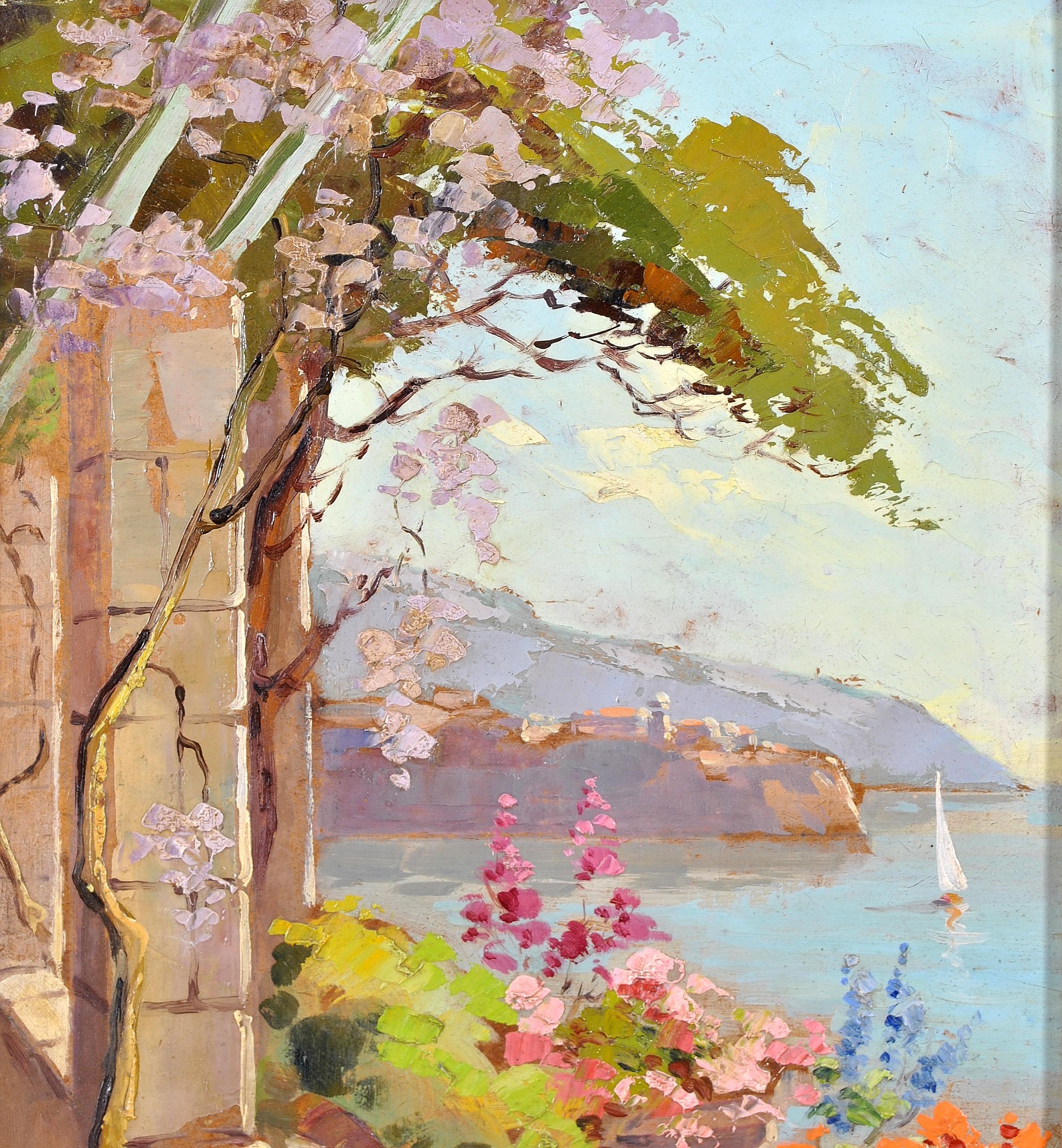 A beautiful c.1950 oil on board by French artist Lucien Potronat depicting a view of the Cote d'Azur / French Riviera from a balcony. Excellent quality work painted in muted tones with impressionist dabs of paint in the style of Claude Monet.

The