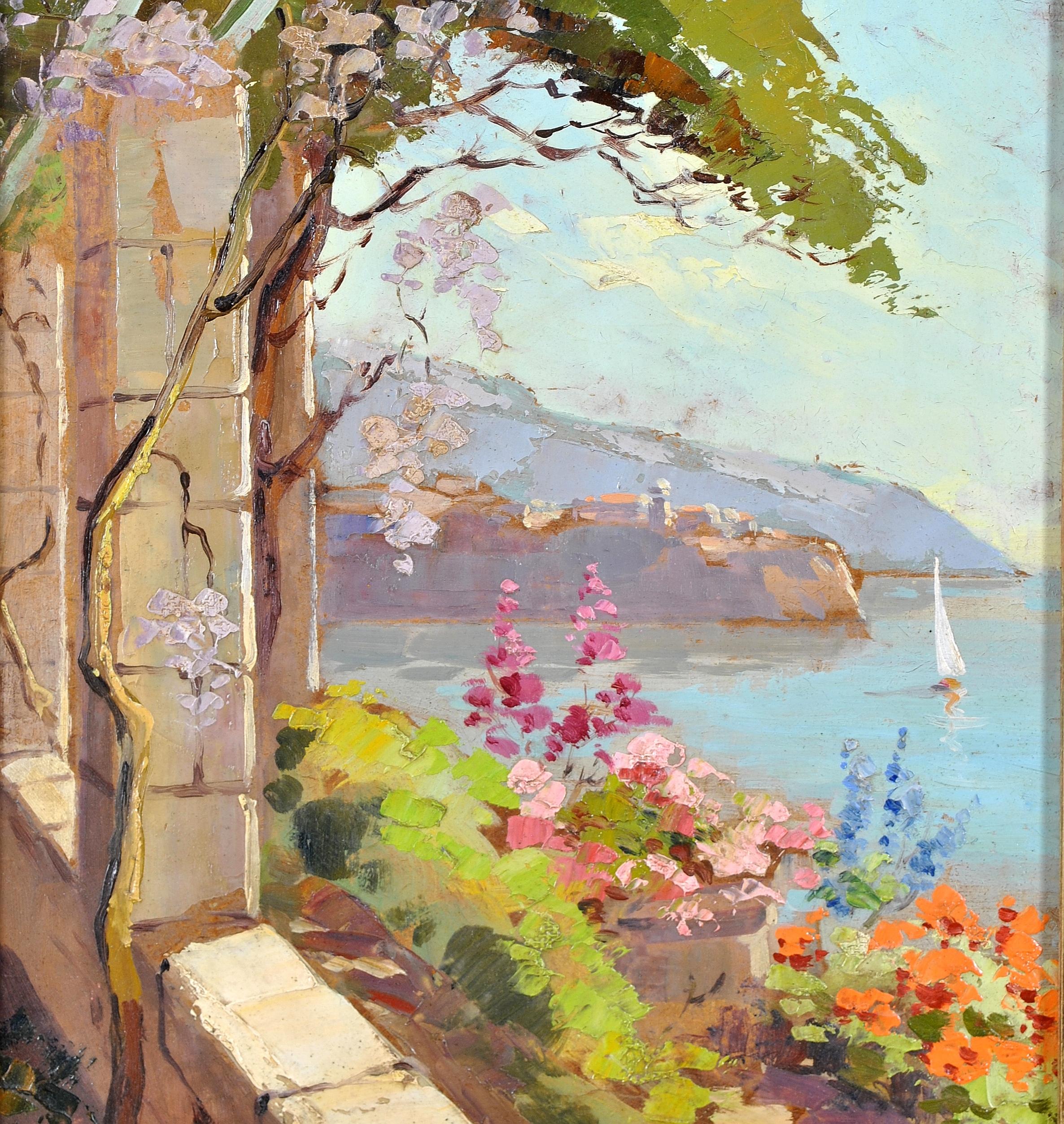 Cote d'Azur - French Riviera from Balcony Coastal Impressionist Oil Painting For Sale 1