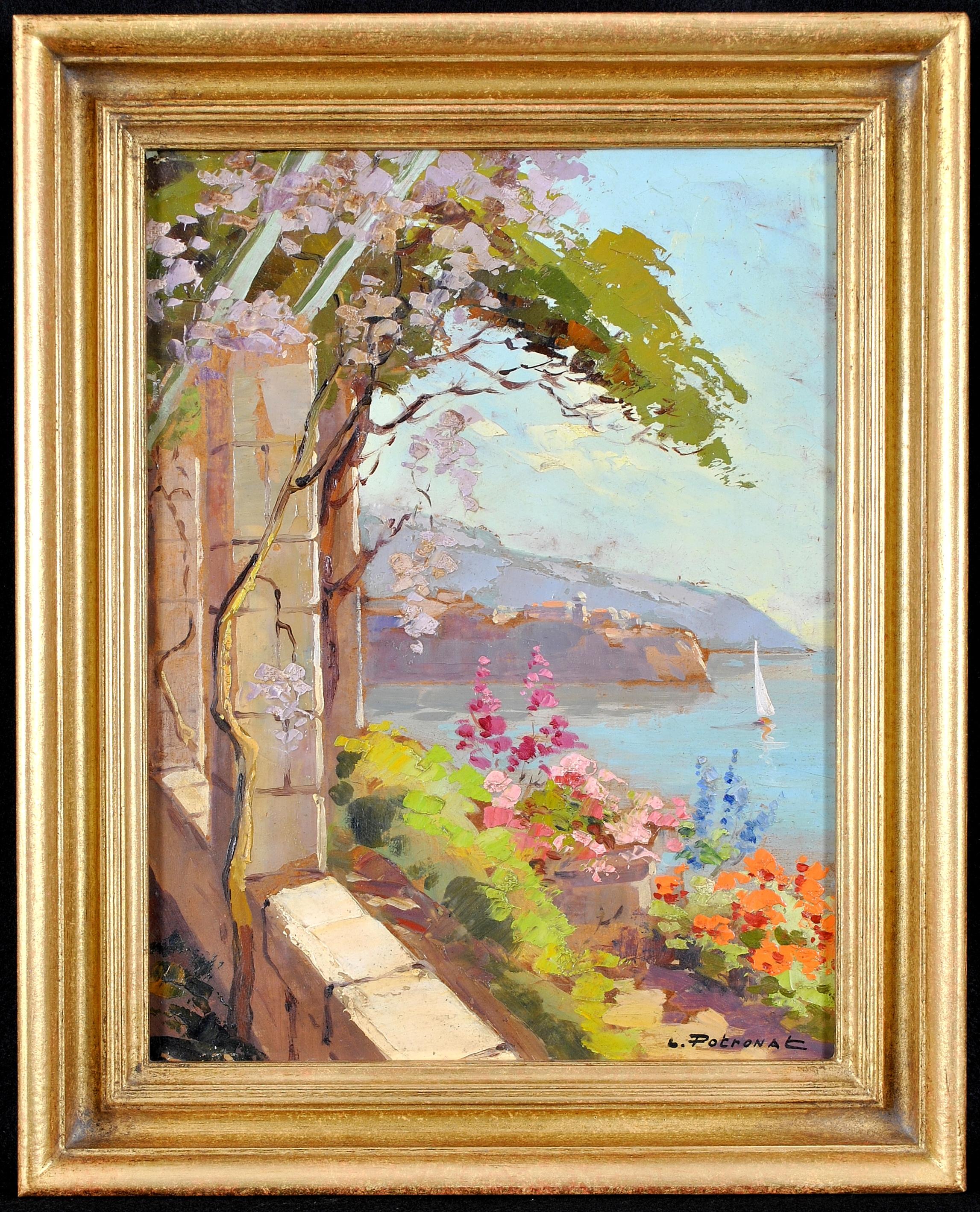 Lucien Potronat Landscape Painting - Cote d'Azur - French Riviera from Balcony Coastal Impressionist Oil Painting