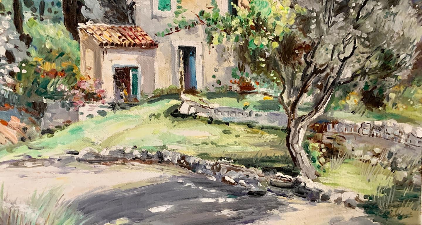 20. Jh. Französischer Impressionist Landschaft einer Villa in Südfrankreich oder Rivera.

Lucien Potronat war ein französischer Maler, der vor allem für seine Darstellungen von malerischen Villen in der Landschaft der Côte d'Azur bekannt ist. Der