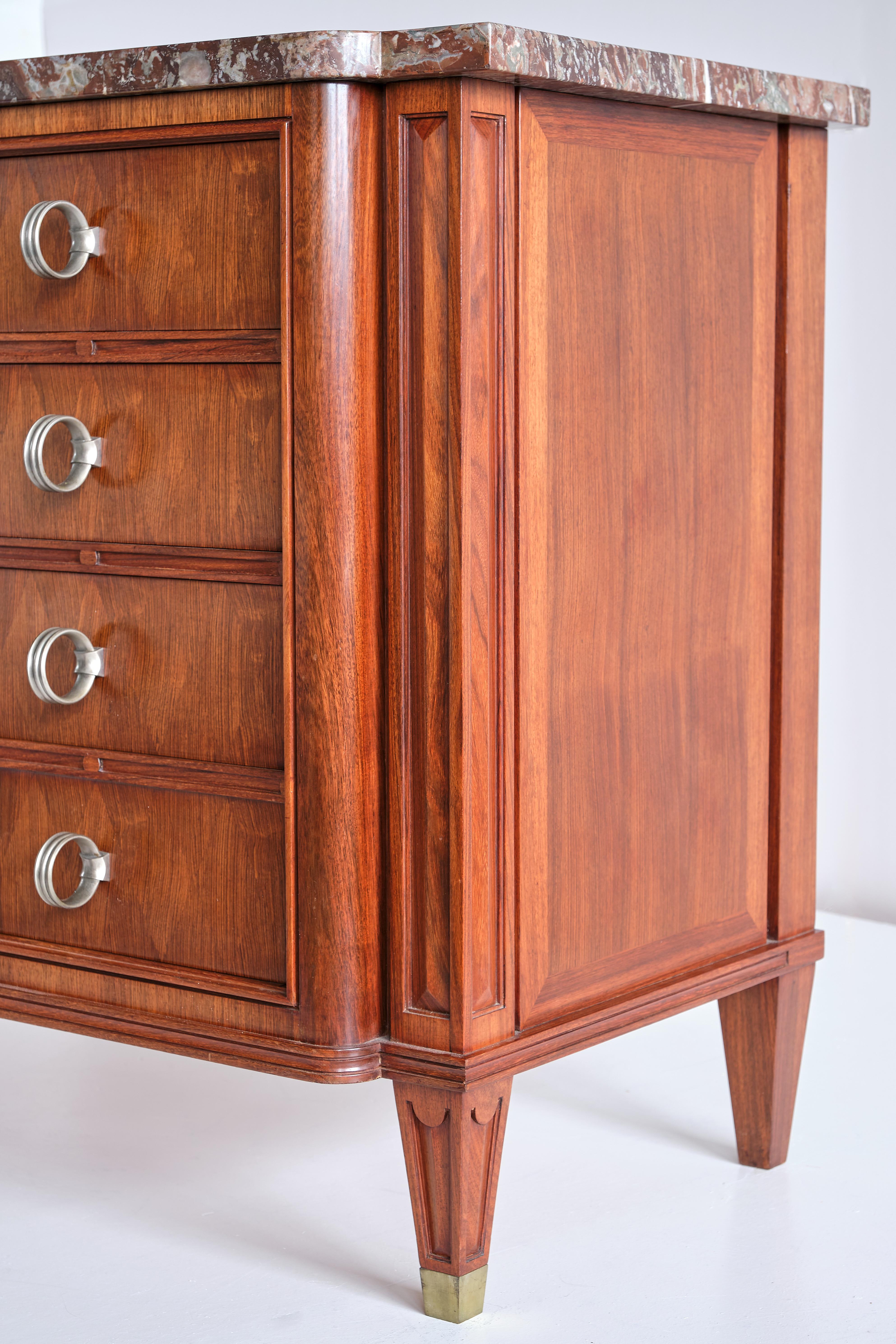 Lucien Rollin Commode with Rosewood Marquetry and Red Marble Top, France, 1945 For Sale 3