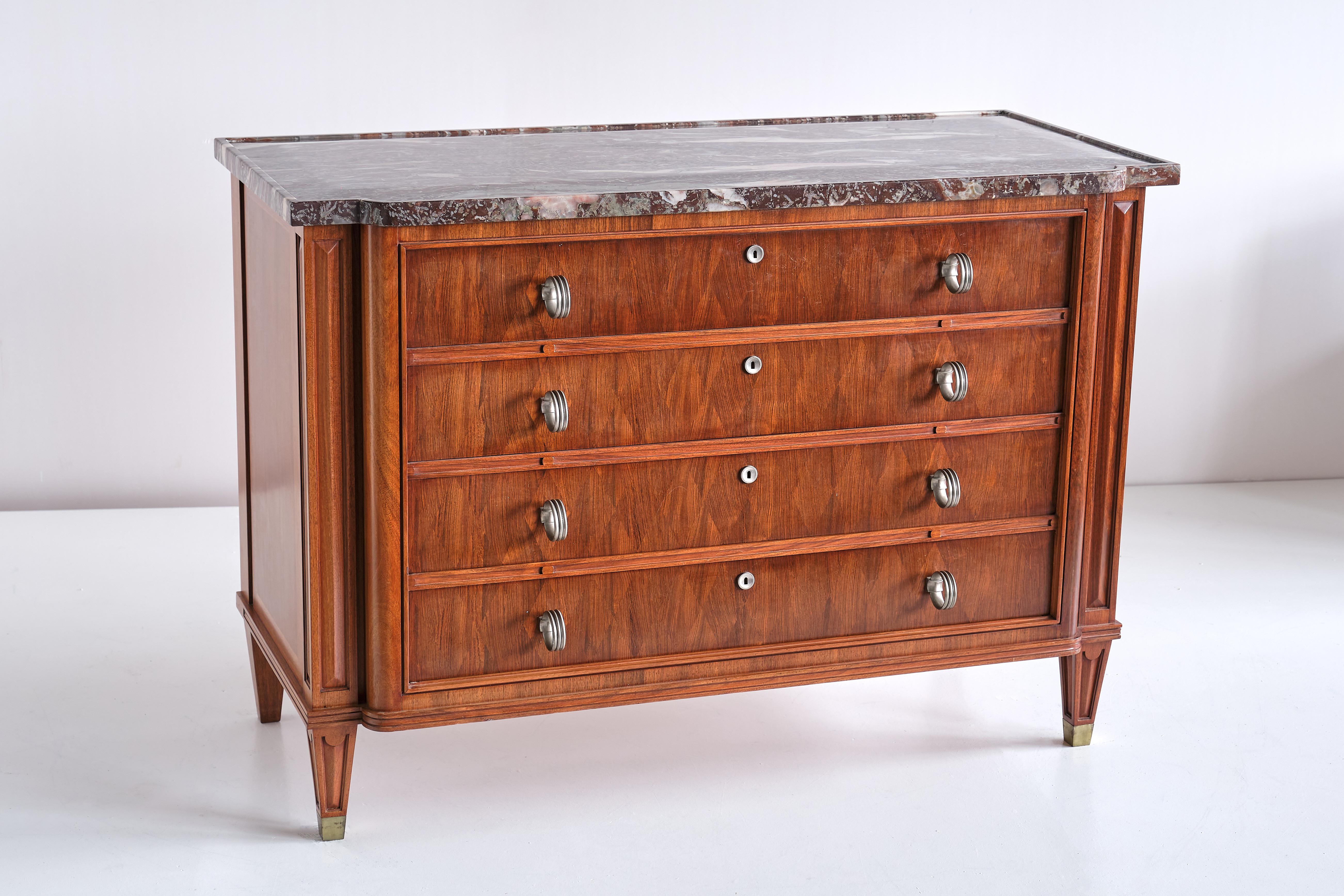 Commode Lucien Rollin avec marqueterie de bois de rose et plateau en marbre rouge, France, 1945 en vente 5