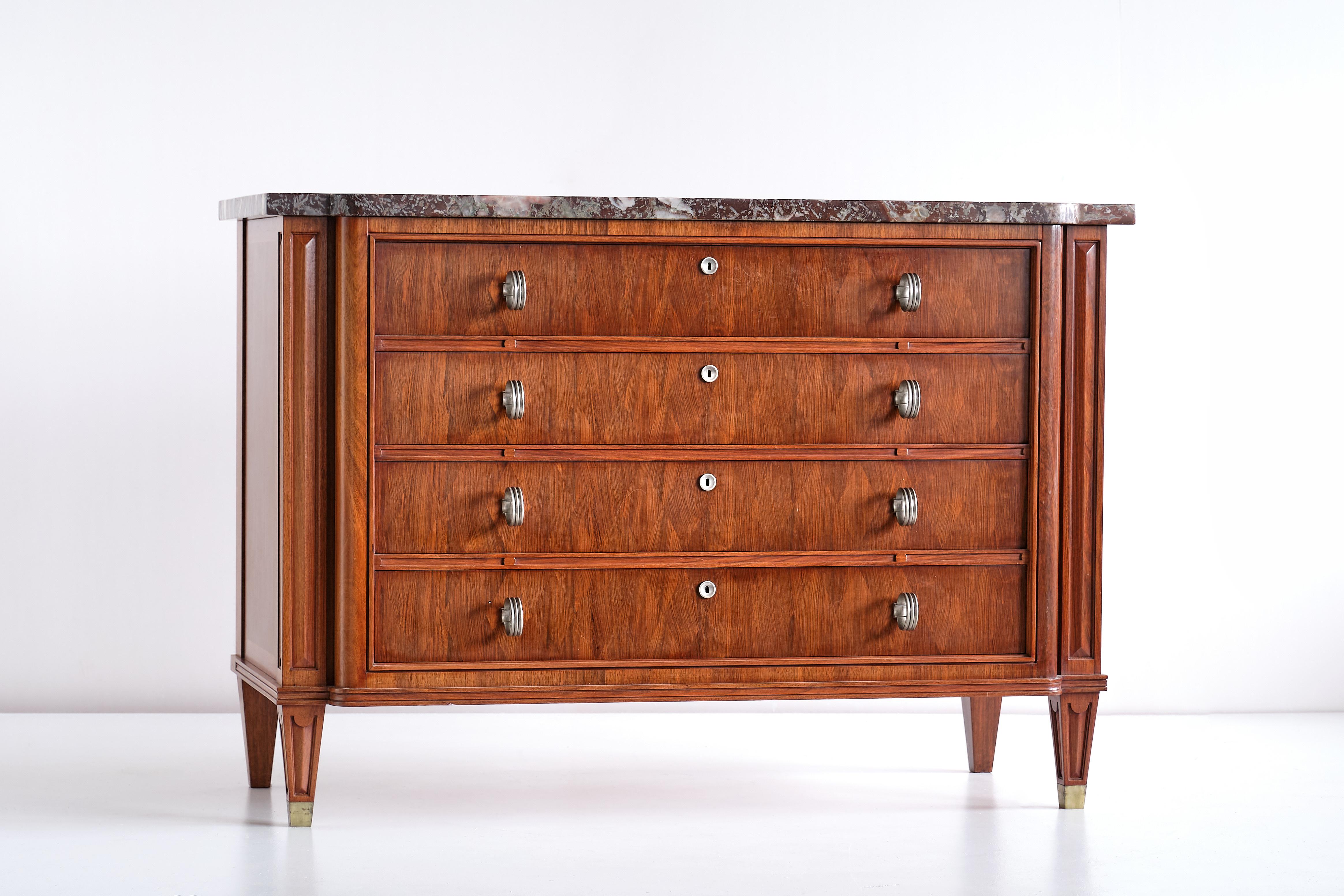 Art Deco Lucien Rollin Commode with Rosewood Marquetry and Red Marble Top, France, 1945 For Sale