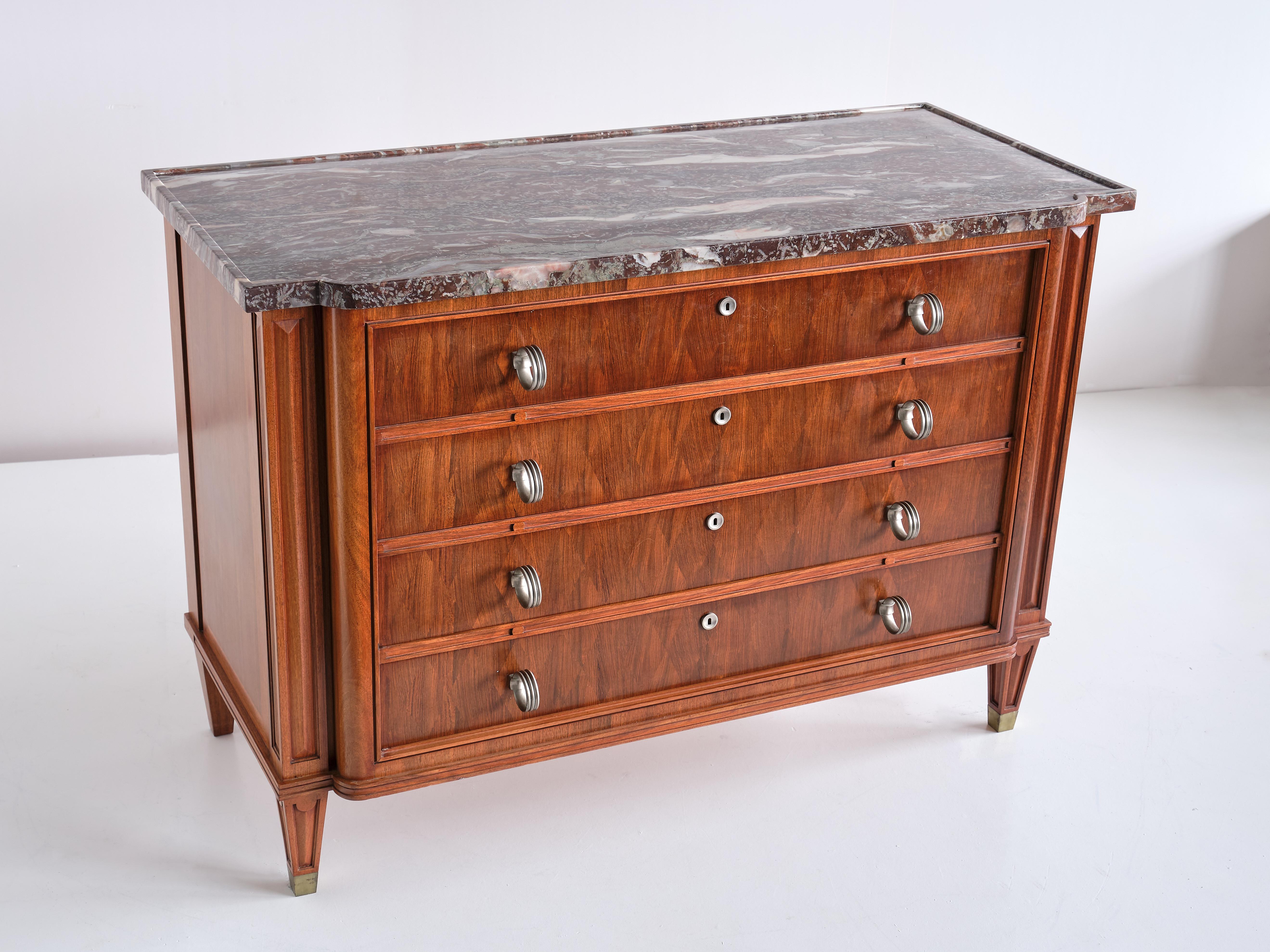 French Lucien Rollin Commode with Rosewood Marquetry and Red Marble Top, France, 1945 For Sale