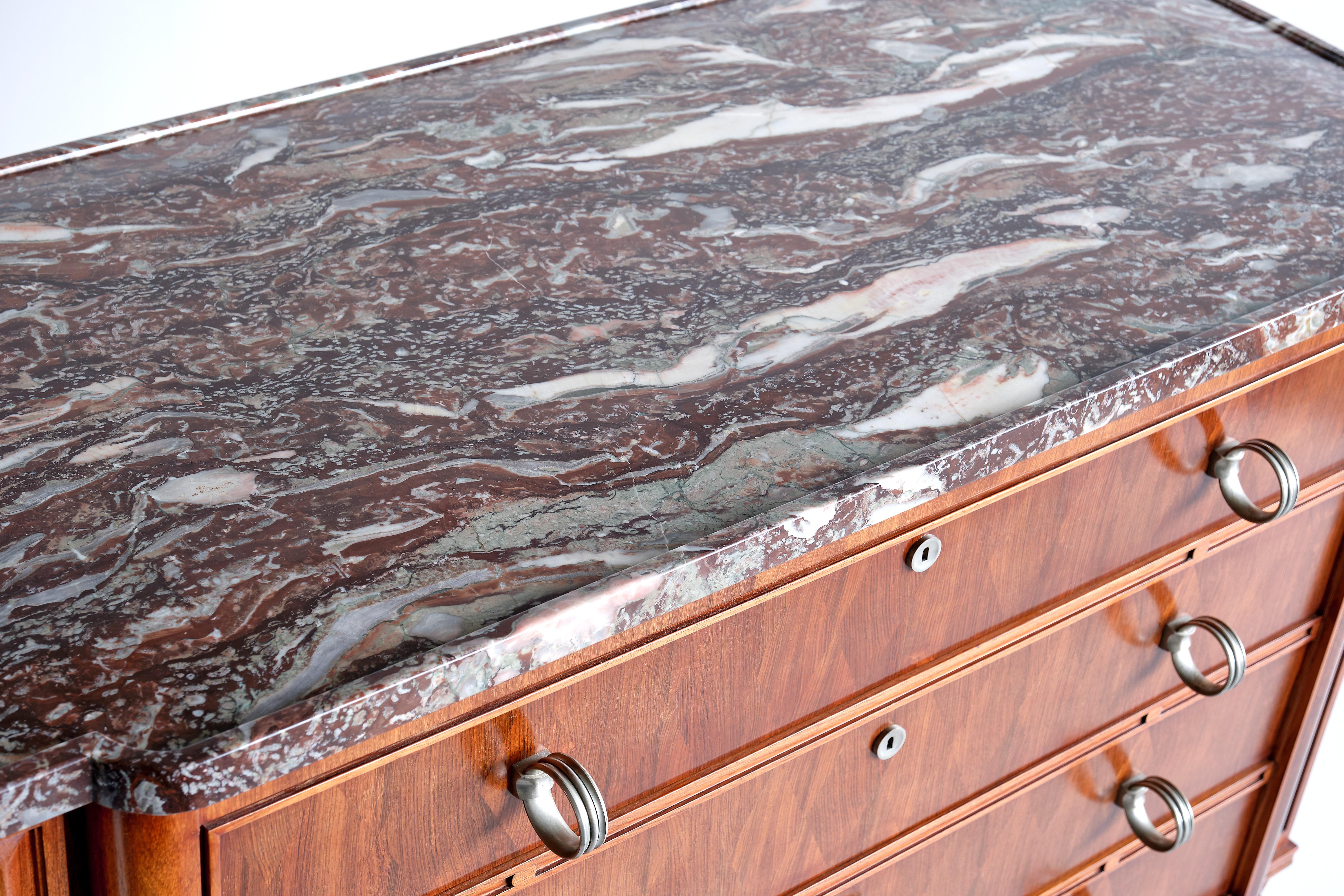 Lucien Rollin Commode with Rosewood Marquetry and Red Marble Top, France, 1945 In Good Condition For Sale In The Hague, NL