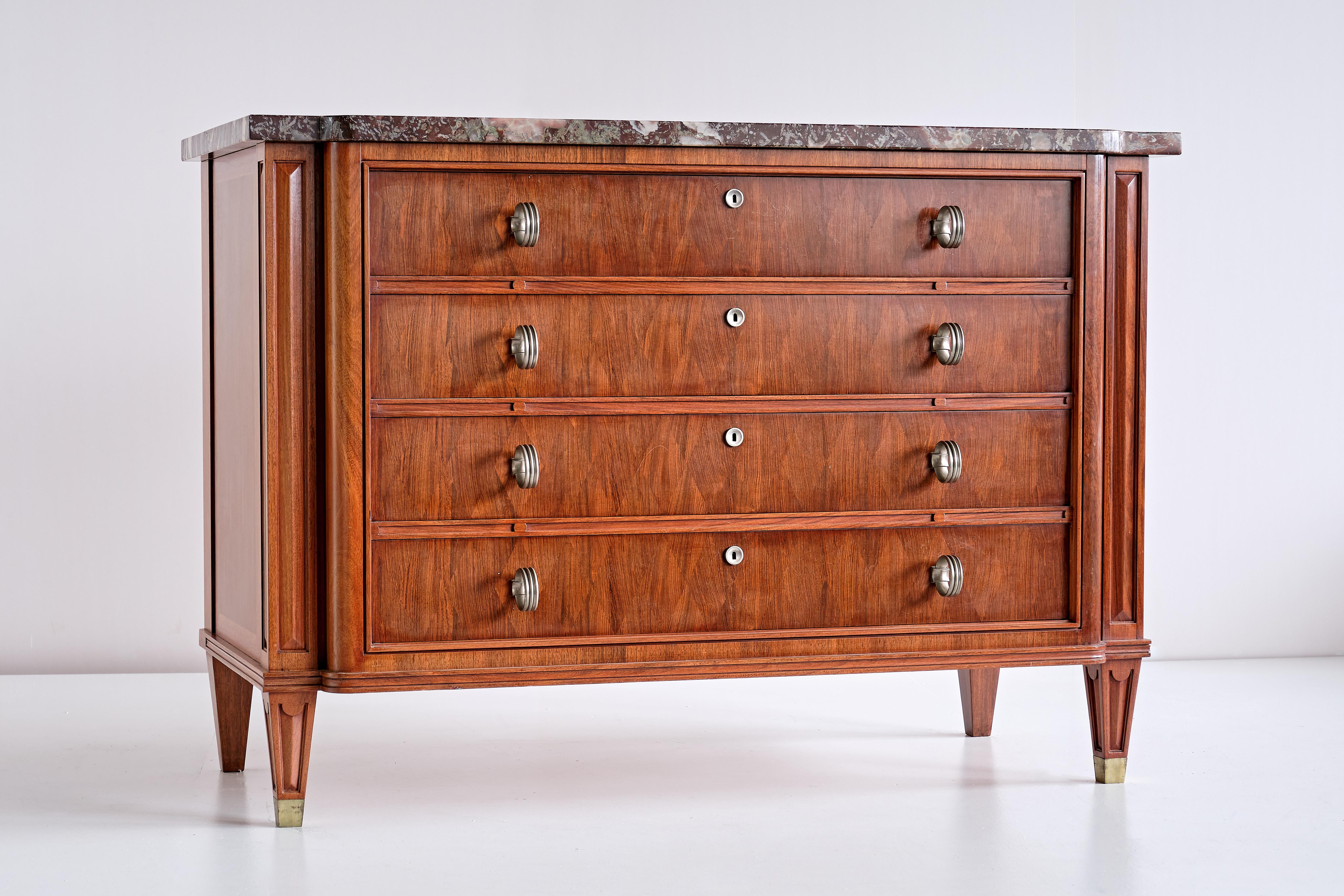 Mid-20th Century Lucien Rollin Commode with Rosewood Marquetry and Red Marble Top, France, 1945 For Sale