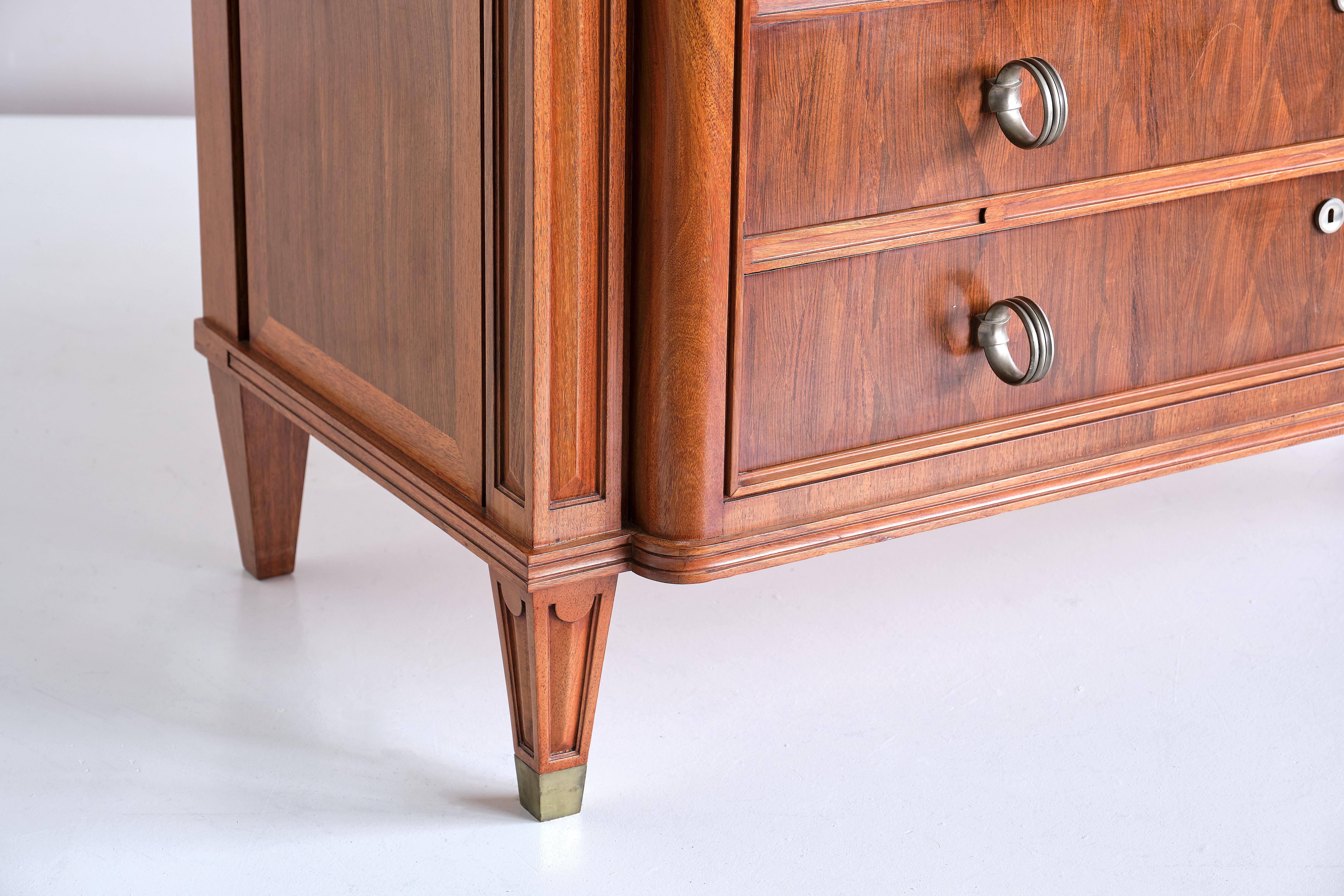 Metal Lucien Rollin Commode with Rosewood Marquetry and Red Marble Top, France, 1945 For Sale