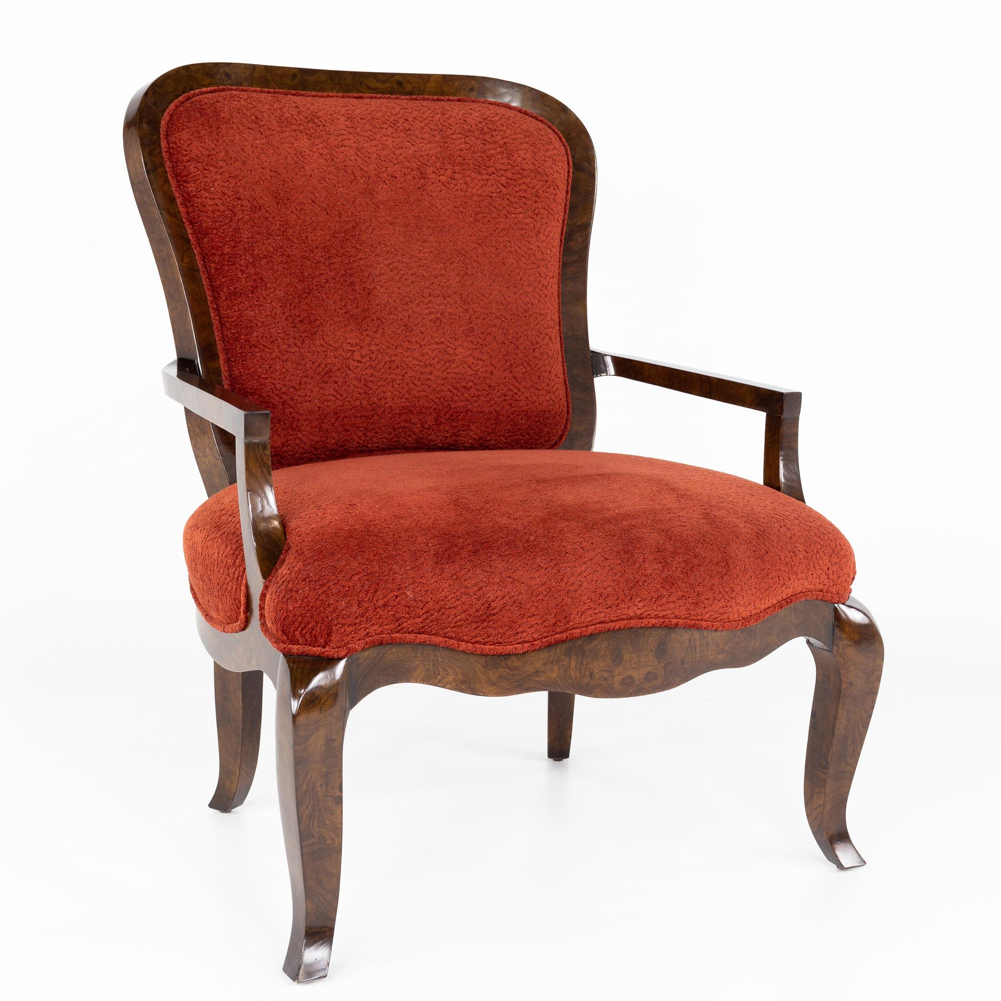 Modern Lucien Rollin for William Switzer Red Upholstered and Burlwood Armchair For Sale