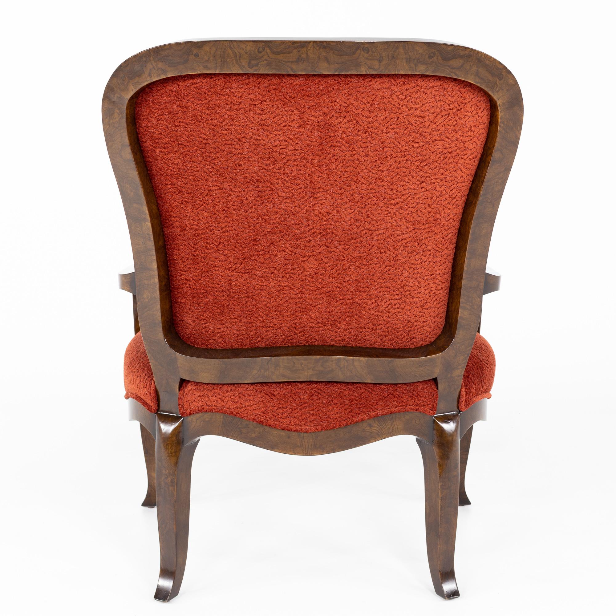 French Lucien Rollin for William Switzer Red Upholstered and Burlwood Armchair For Sale