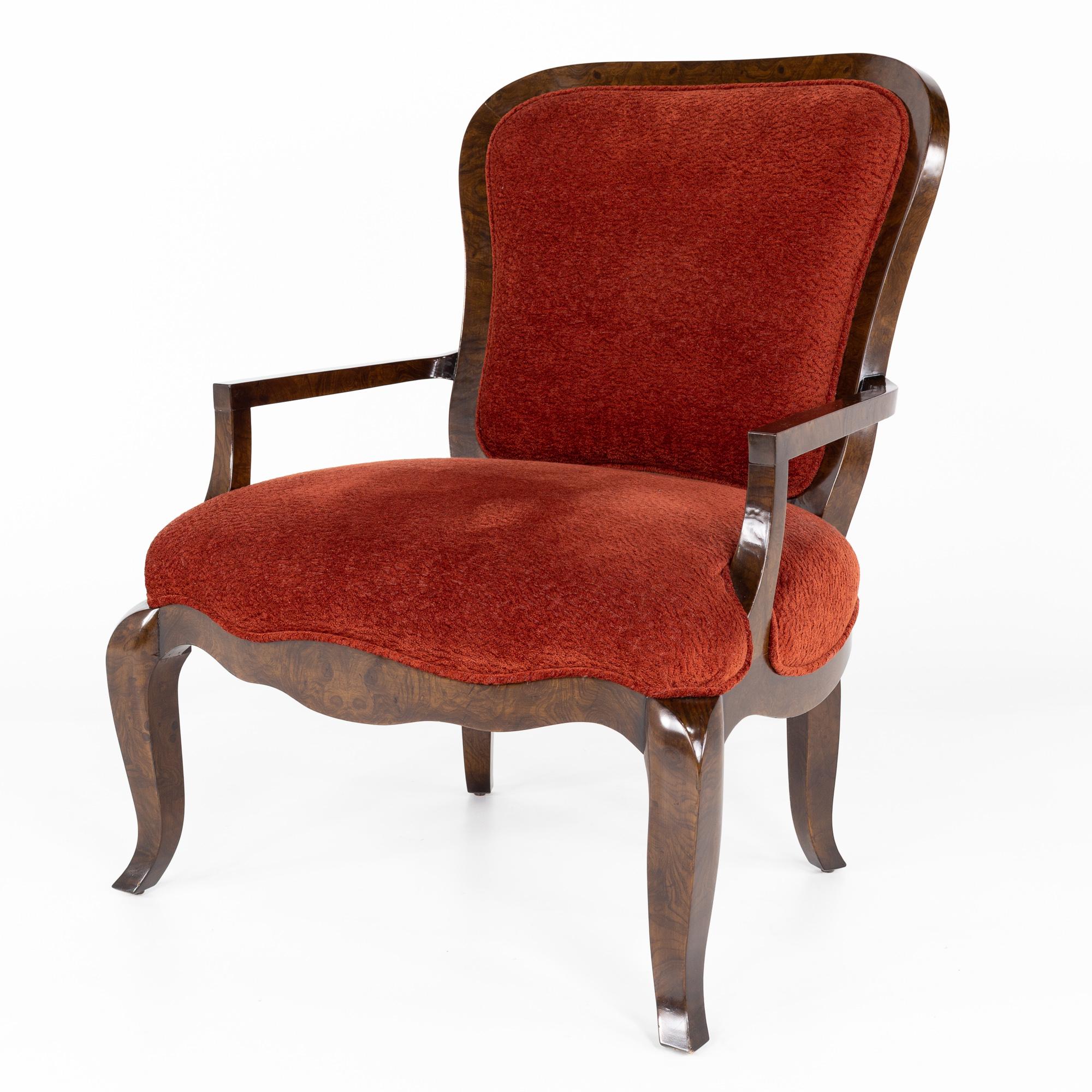 Lucien Rollin for William Switzer Red Upholstered and Burlwood Armchair In Good Condition For Sale In Countryside, IL