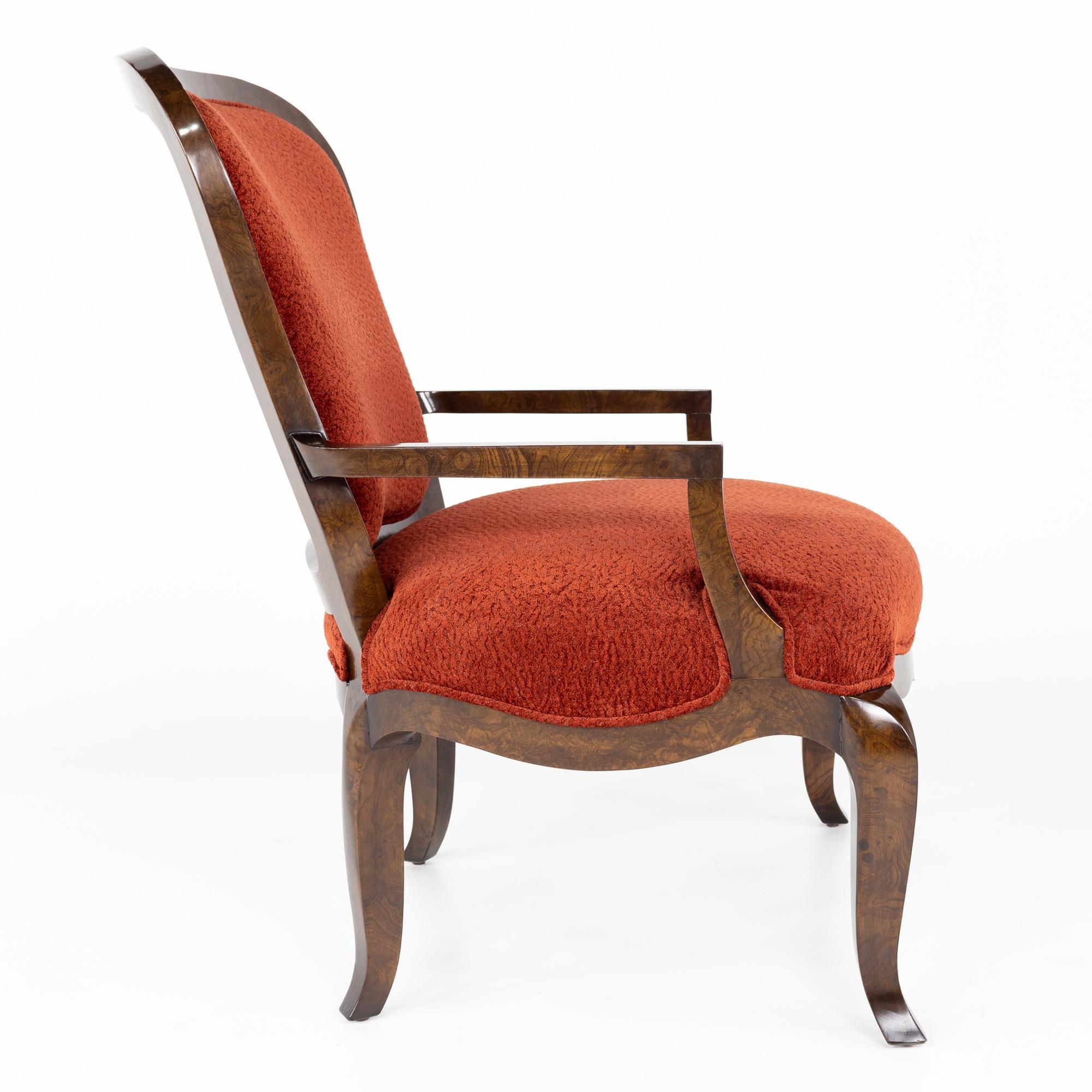 Contemporary Lucien Rollin for William Switzer Red Upholstered and Burlwood Armchair For Sale
