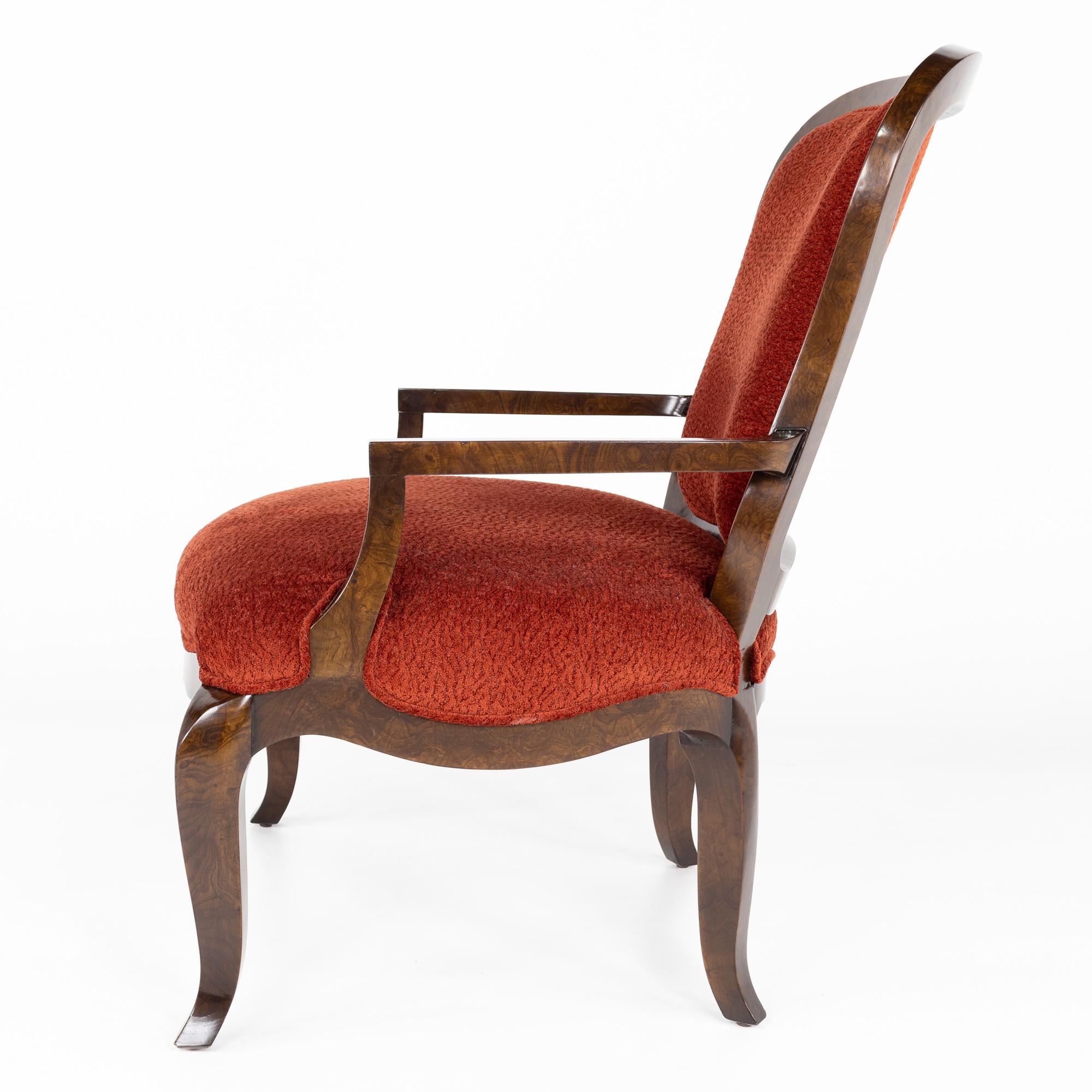 Upholstery Lucien Rollin for William Switzer Red Upholstered and Burlwood Armchair For Sale