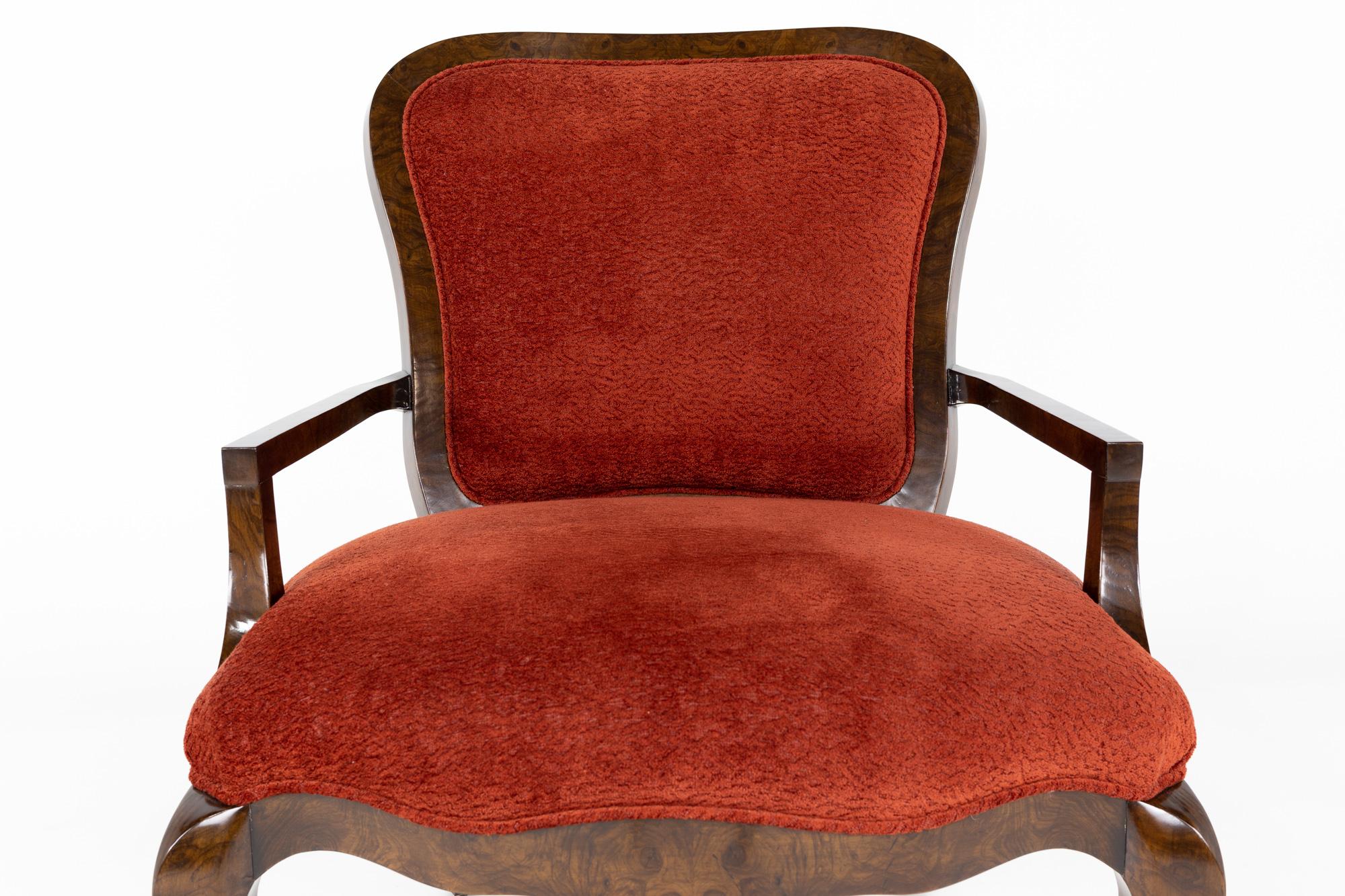 Lucien Rollin for William Switzer Red Upholstered and Burlwood Armchair For Sale 1