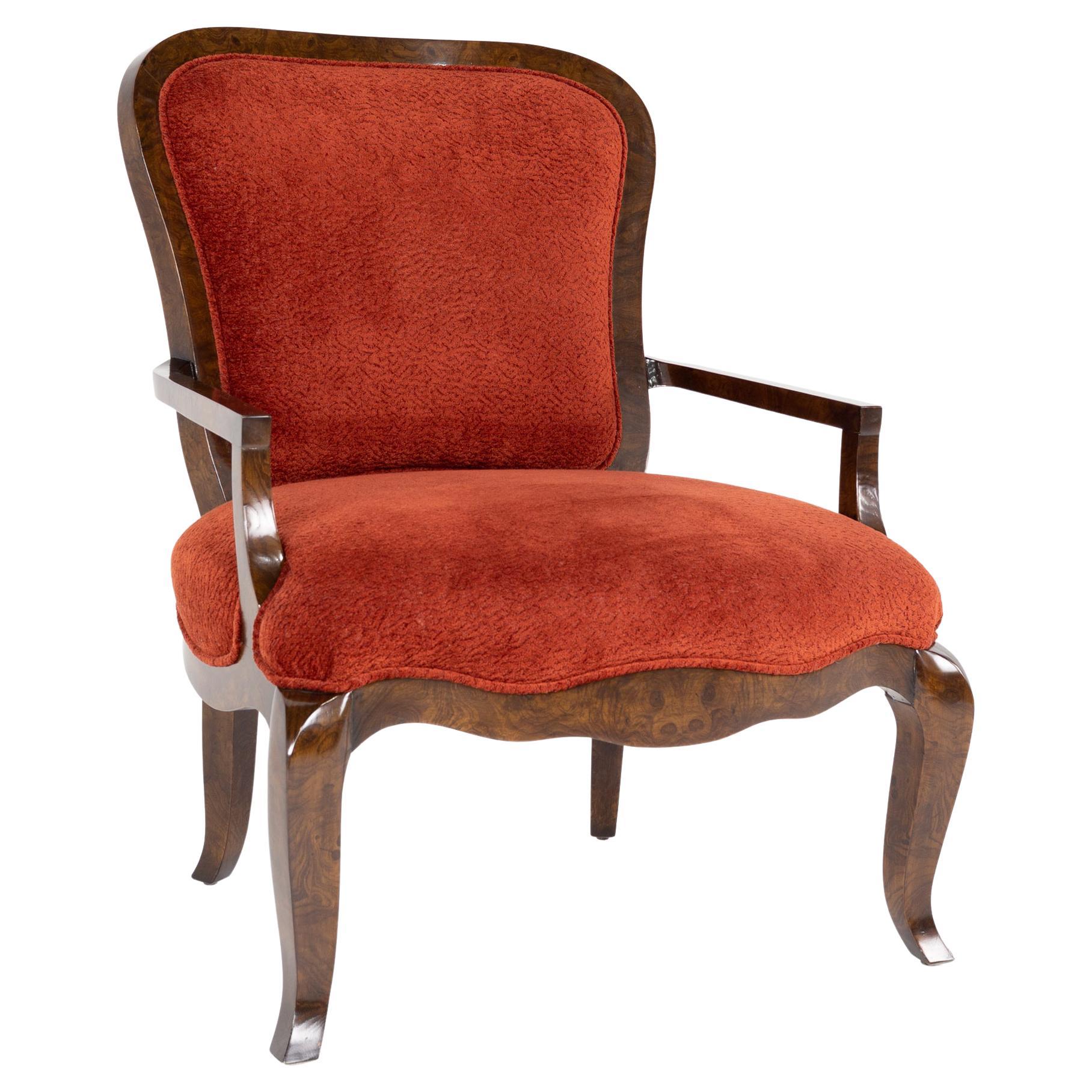 Lucien Rollin for William Switzer Red Upholstered and Burlwood Armchair For Sale