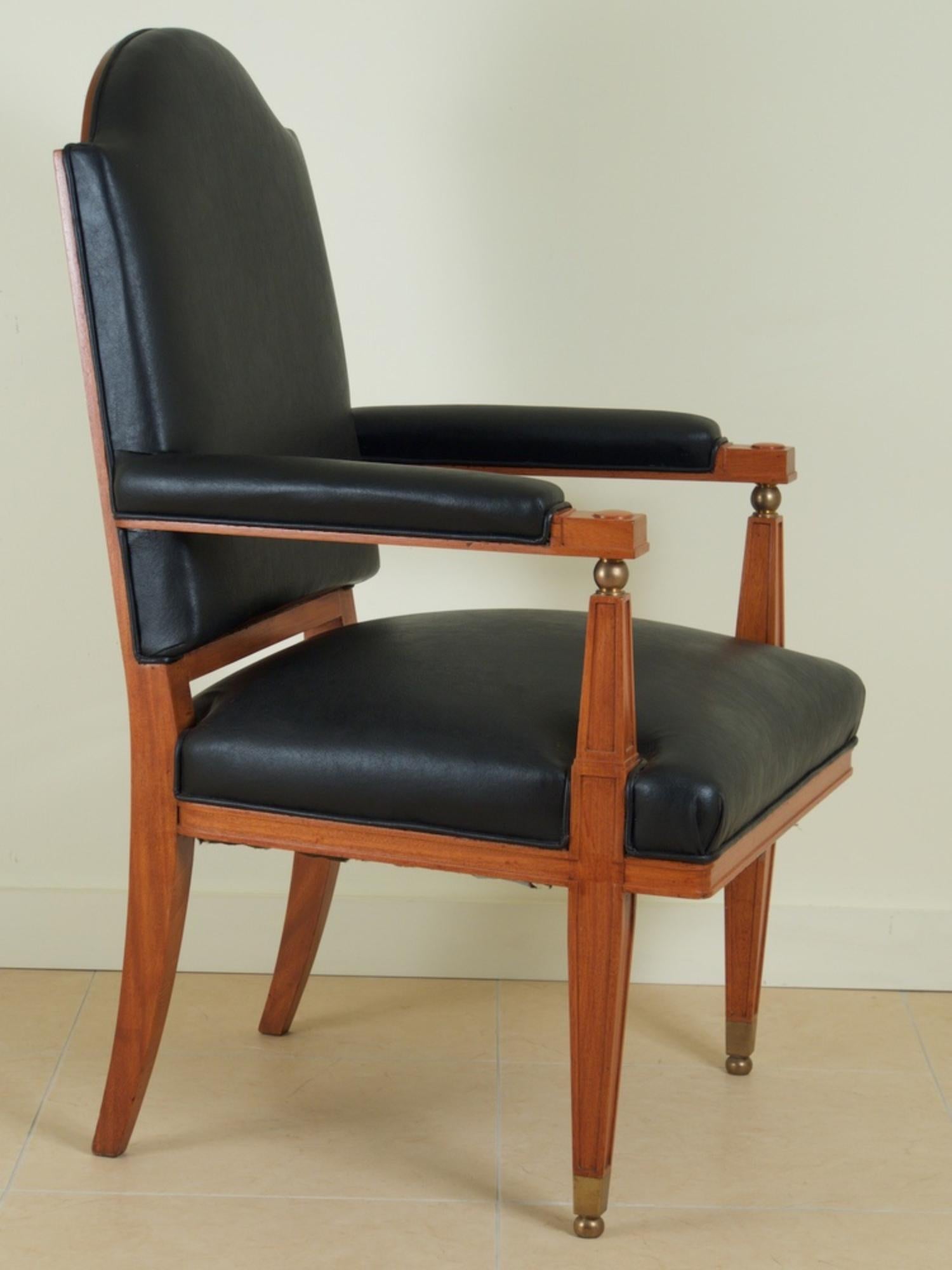 Art Deco Lucien Rollin Three Armchairs in Satinwood and Bronze For Sale