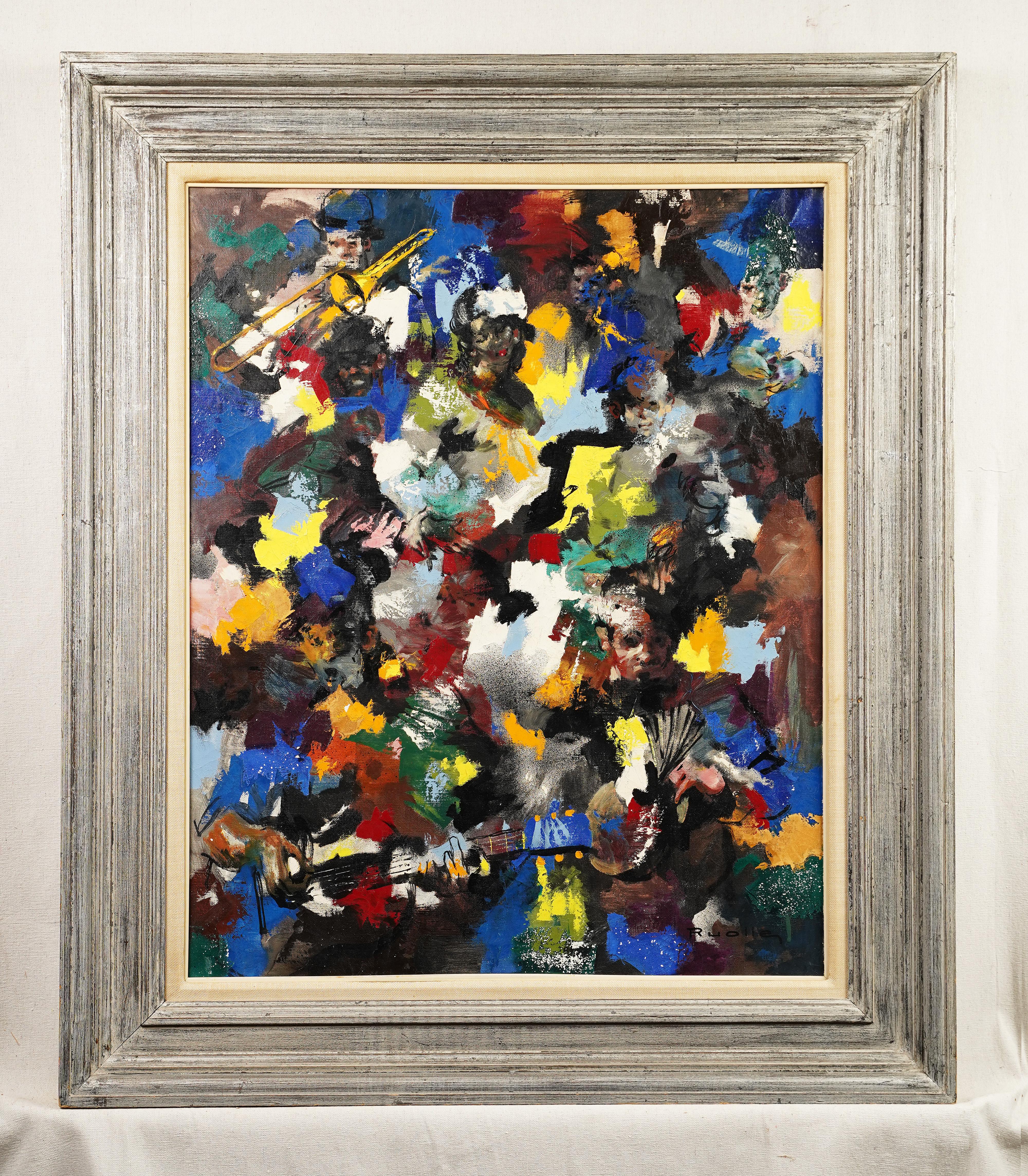 Pintura al óleo vintage francesa expresionista abstracta de la Escuela de París grande firmada - Painting de Lucien Ruolle