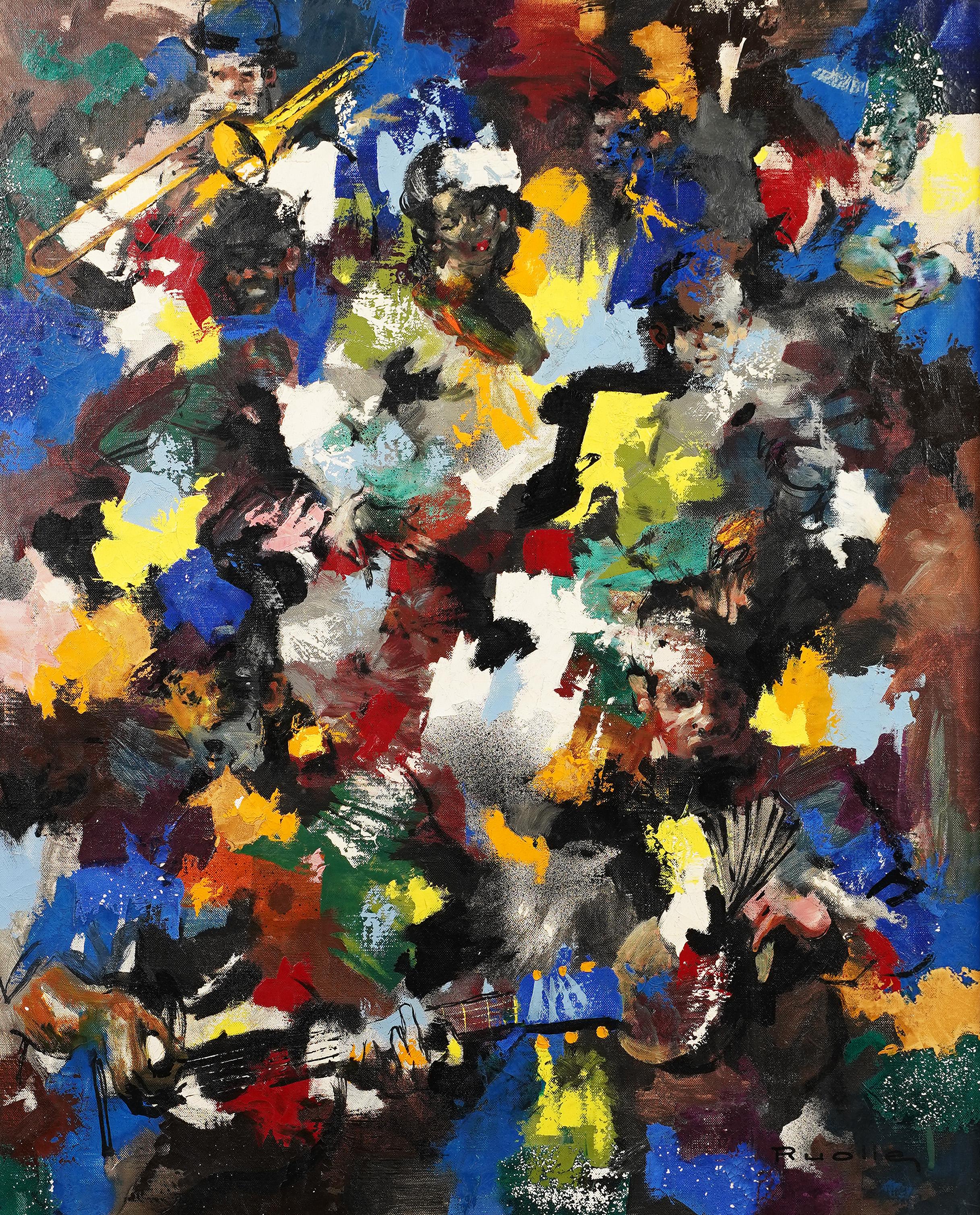 Óleo musical abstracto modernista francés firmado vintage.  Óleo sobre lienzo.  Firmado.  Enmarcado.  Tamaño de la imagen, 26L x 32H.