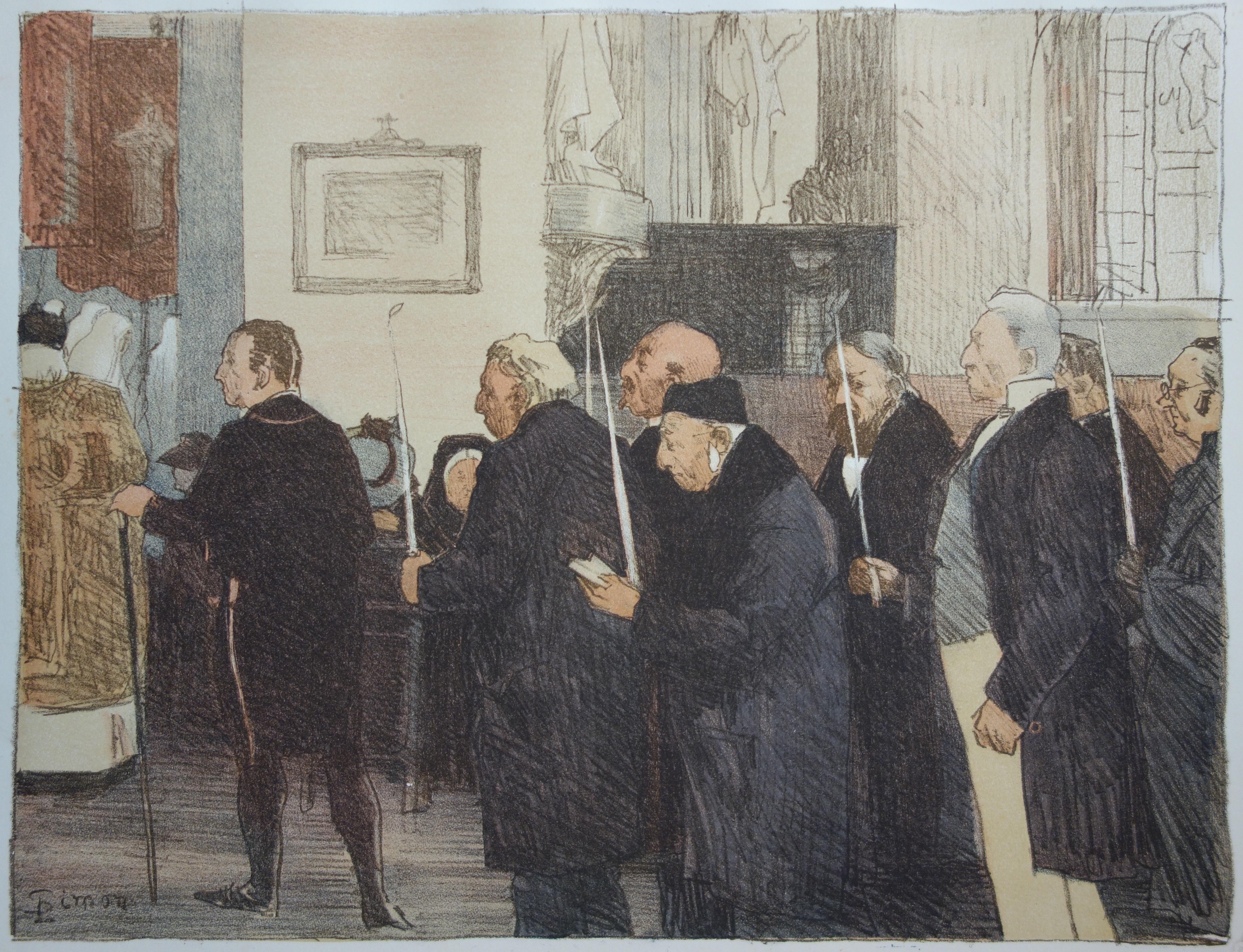 At the Church : Prayers with Candle Stick – Originallithographie, 1897 – Print von Lucien Simon