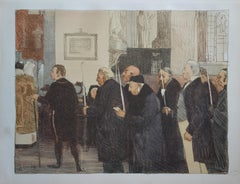 In chiesa: preghiere con il bastone della candela - litografia originale, 1897