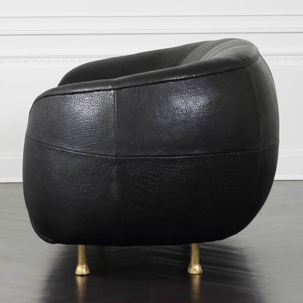 North American Lucien Settee Sofa in Black Leather with Cast Brass Legs by Kelly Wearstler For Sale