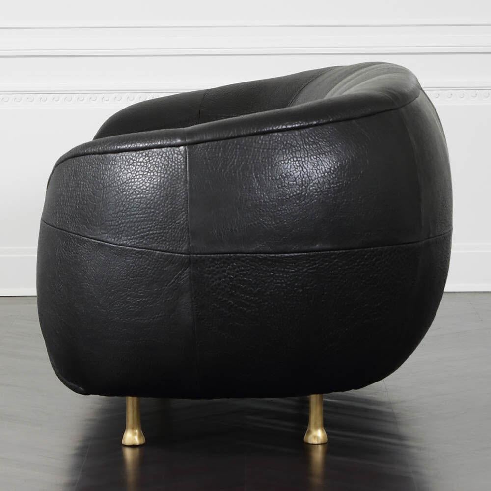 North American Lucien Settee Sofa in Black Leather with Cast Brass Legs by Kelly Wearstler